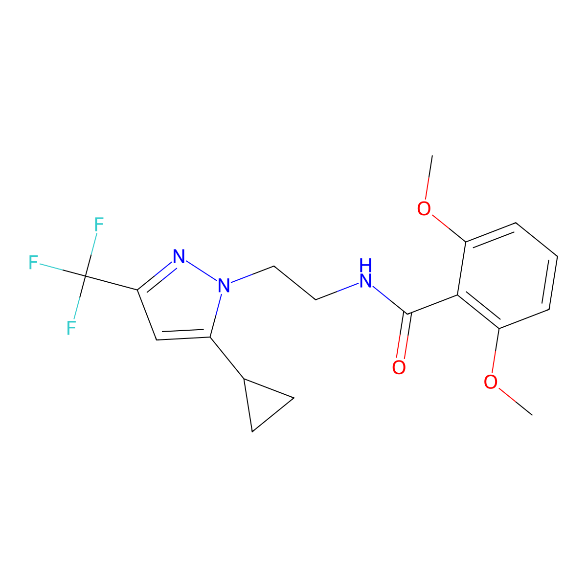N-{2-[5-cyclopropyl-3-(trifluoromethyl)-1H-pyrazol-1-yl]ethyl}-2,6-dimethoxybenzamide molecular structure, CAS 1797617-17-4