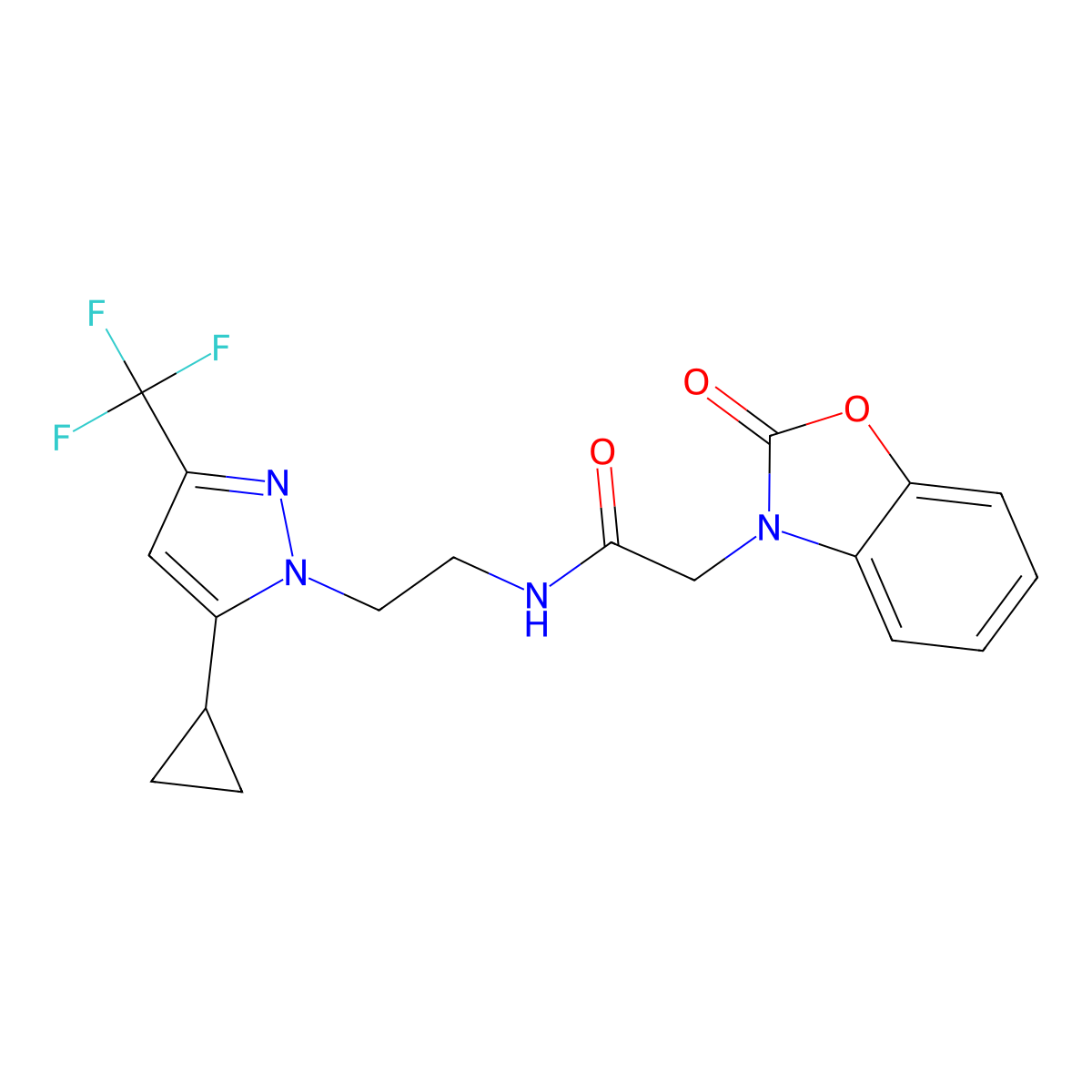 N-(2-(5-cyclopropyl-3-(trifluoromethyl)-1H-pyrazol-1-yl)ethyl)-2-(2-oxobenzo[d]oxazol-3(2H)-yl)acetamide molecular structure, CAS 1797617-24-3