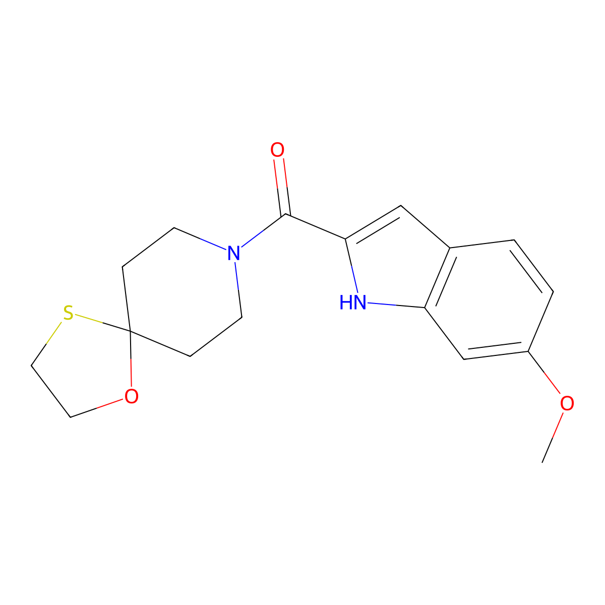 (6-methoxy-1H-indol-2-yl)(1-oxa-4-thia-8-azaspiro[4.5]decan-8-yl)methanone molecular structure, CAS 1797617-32-3