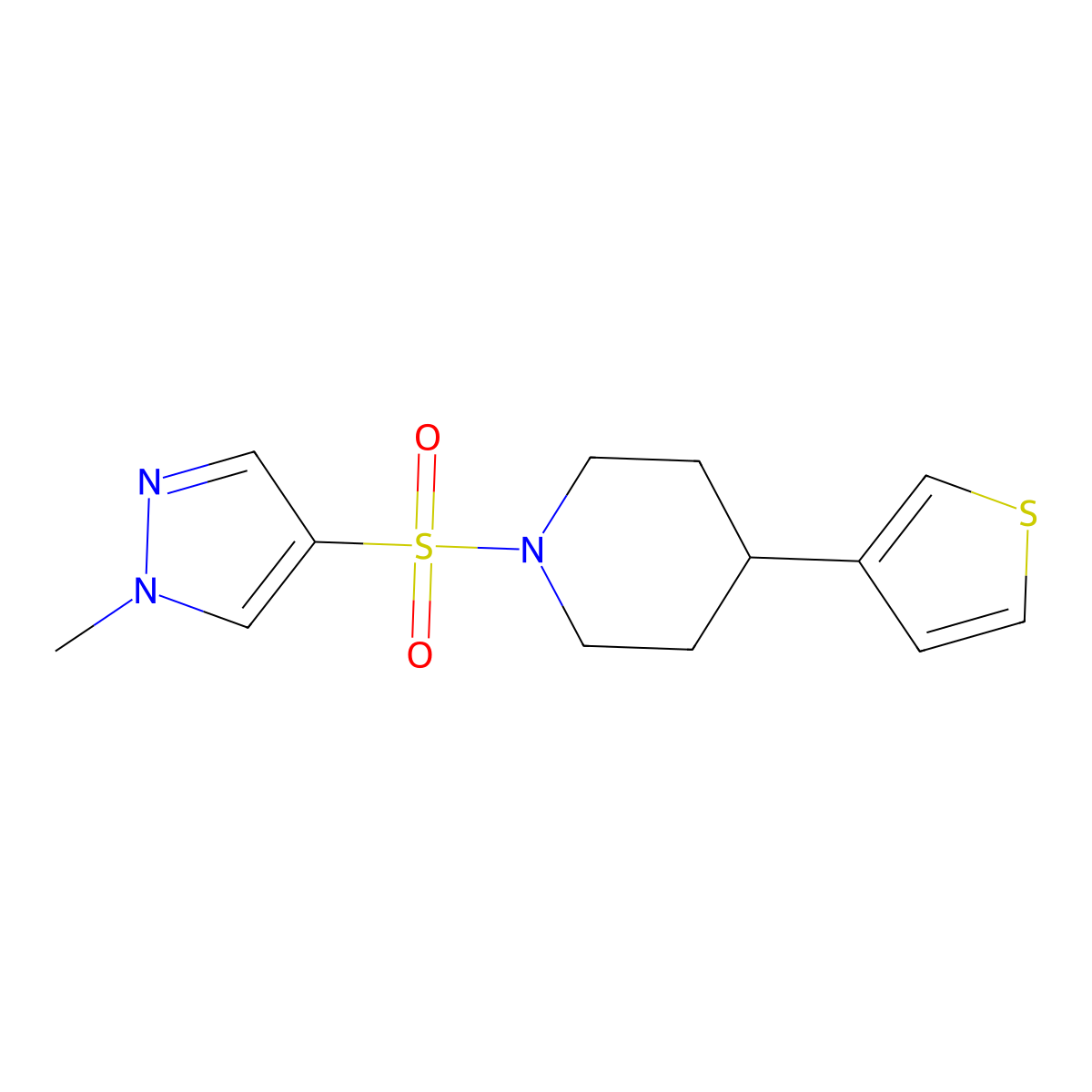 1-[(1-methyl-1H-pyrazol-4-yl)sulfonyl]-4-(thiophen-3-yl)piperidine molecular structure, CAS 1797618-08-6