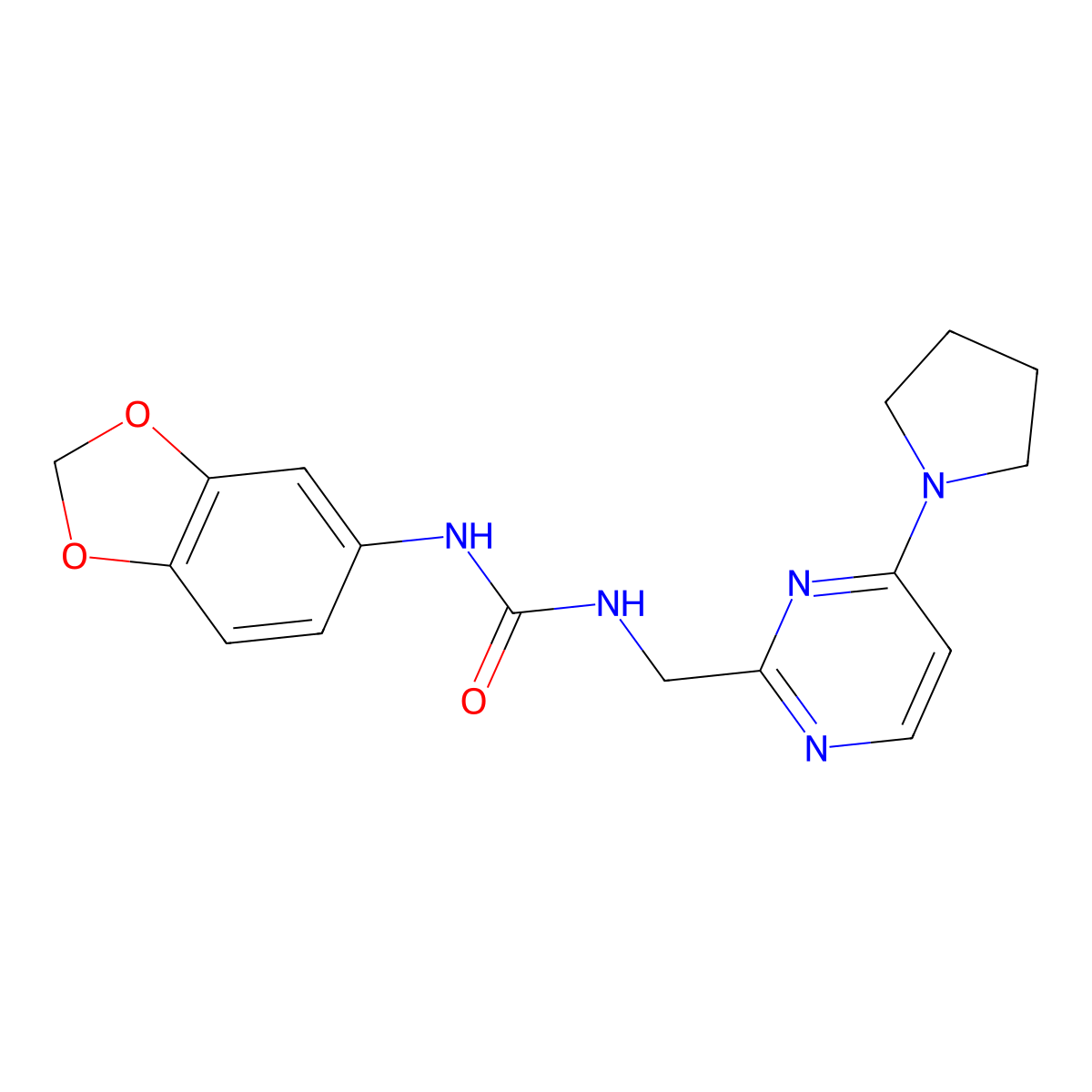 1-(Benzo[d][1,3]dioxol-5-yl)-3-((4-(pyrrolidin-1-yl)pyrimidin-2-yl)methyl)urea molecular structure, CAS 1797618-26-8