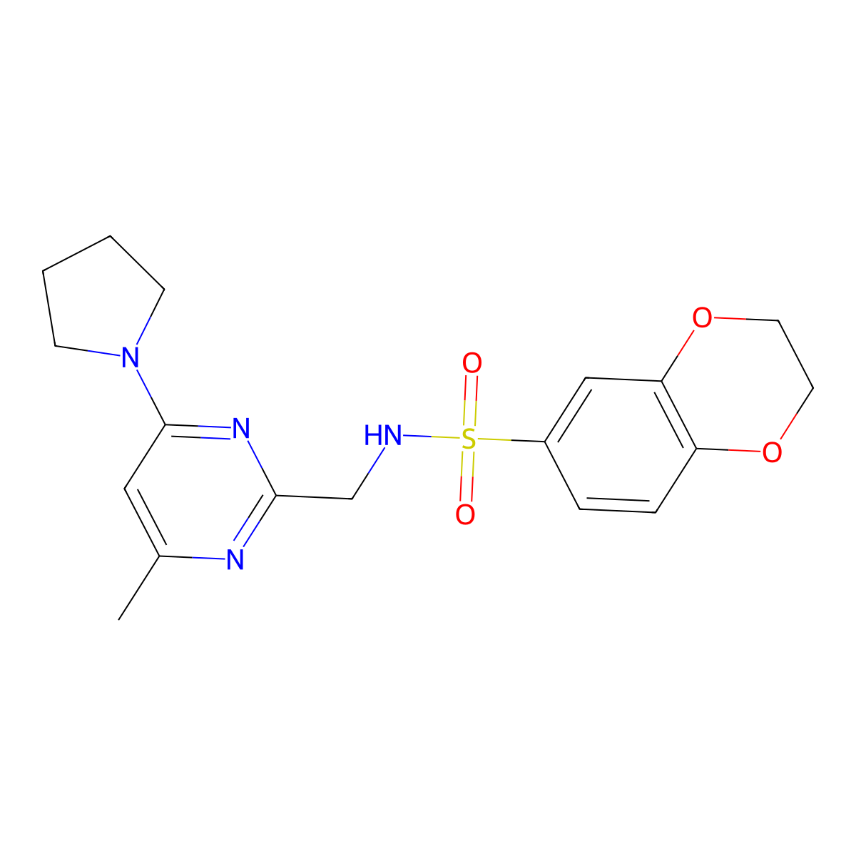 N-((4-methyl-6-(pyrrolidin-1-yl)pyrimidin-2-yl)methyl)-2,3-dihydrobenzo[b][1,4]dioxine-6-sulfonamide molecular structure, CAS 1797618-57-5