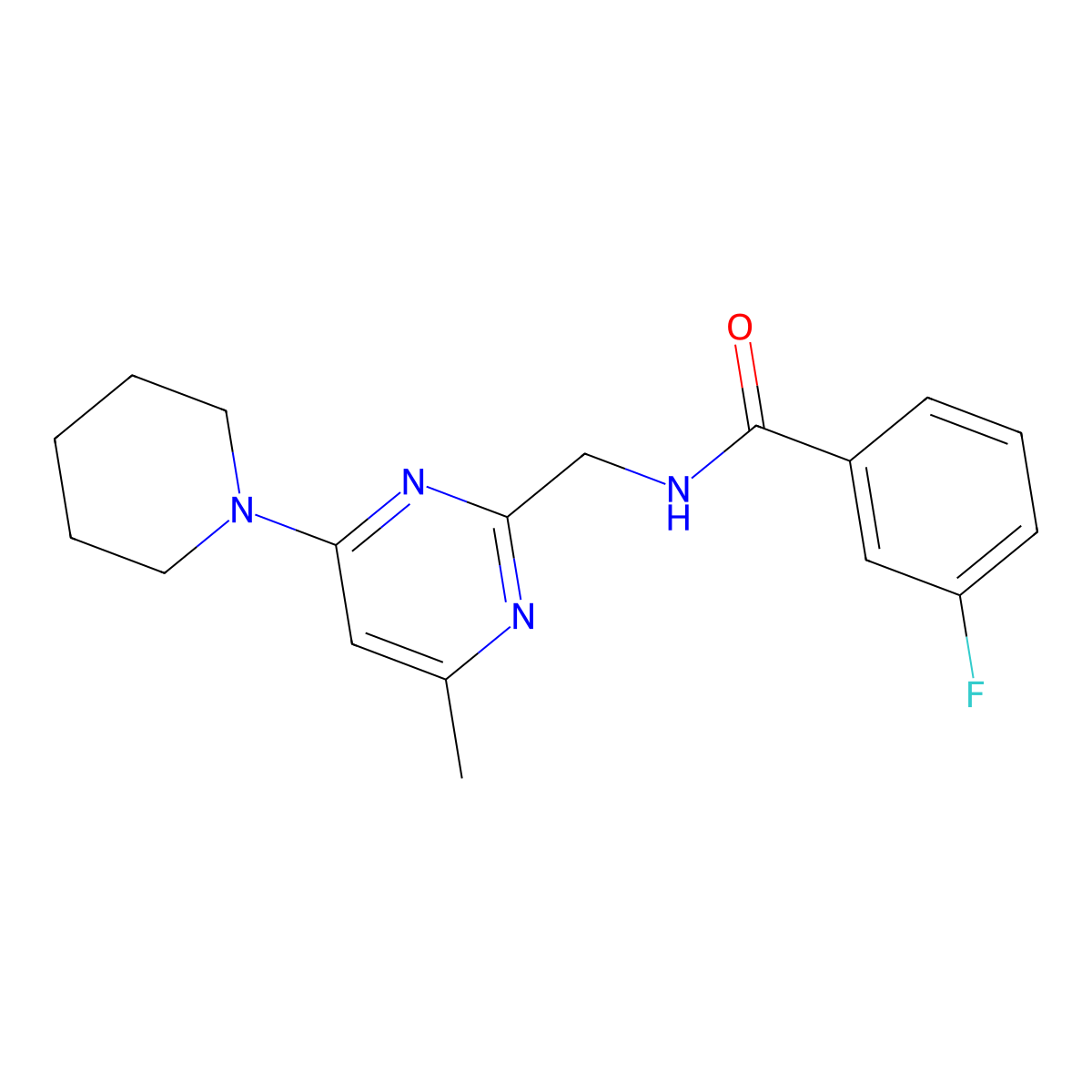 3-Fluoro-N-{[4-methyl-6-(piperidin-1-YL)pyrimidin-2-YL]methyl}benzamide molecular structure, CAS 1797618-63-3