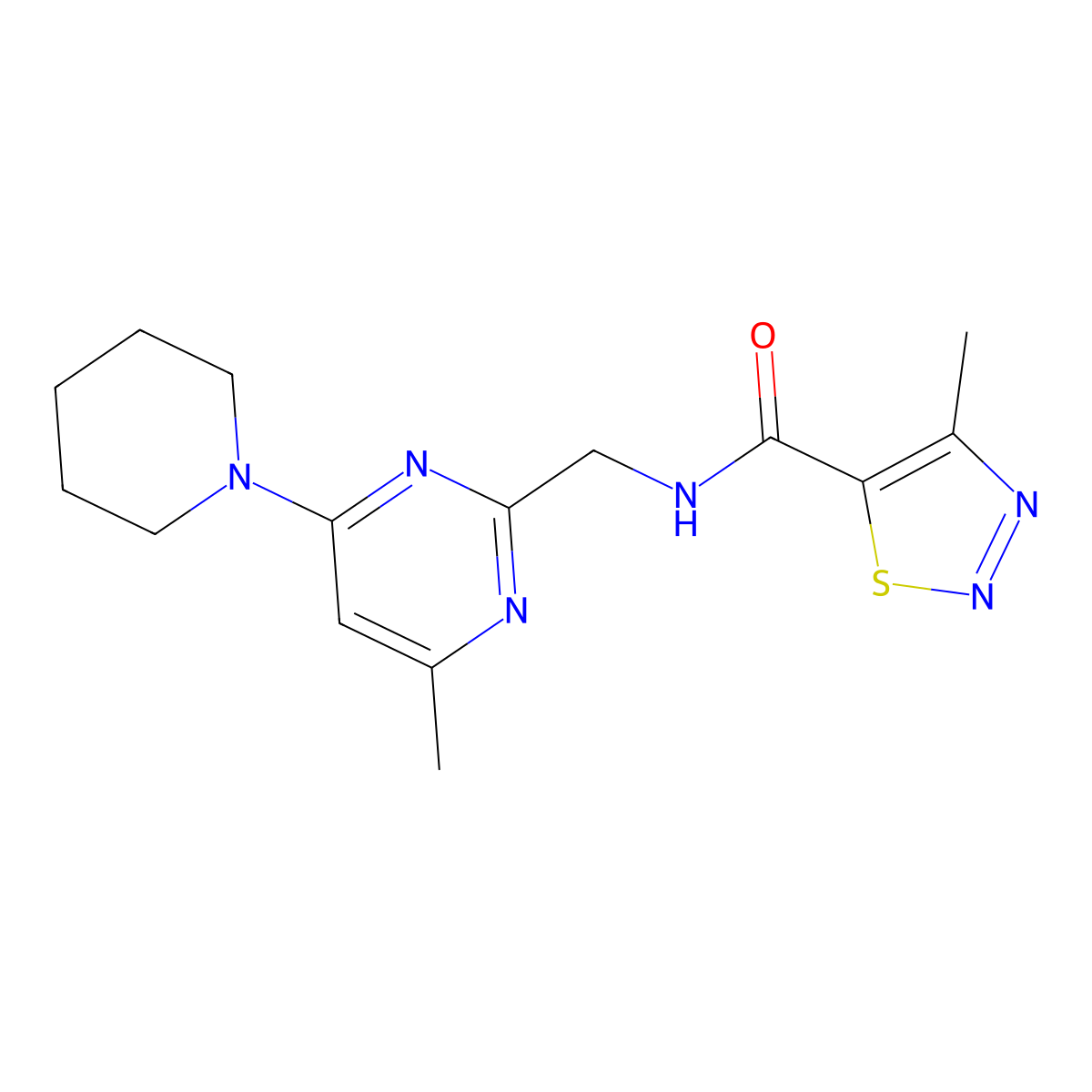 4-Methyl-N-{[4-methyl-6-(piperidin-1-YL)pyrimidin-2-YL]methyl}-1,2,3-thiadiazole-5-carboxamide molecular structure, CAS 1797618-78-0