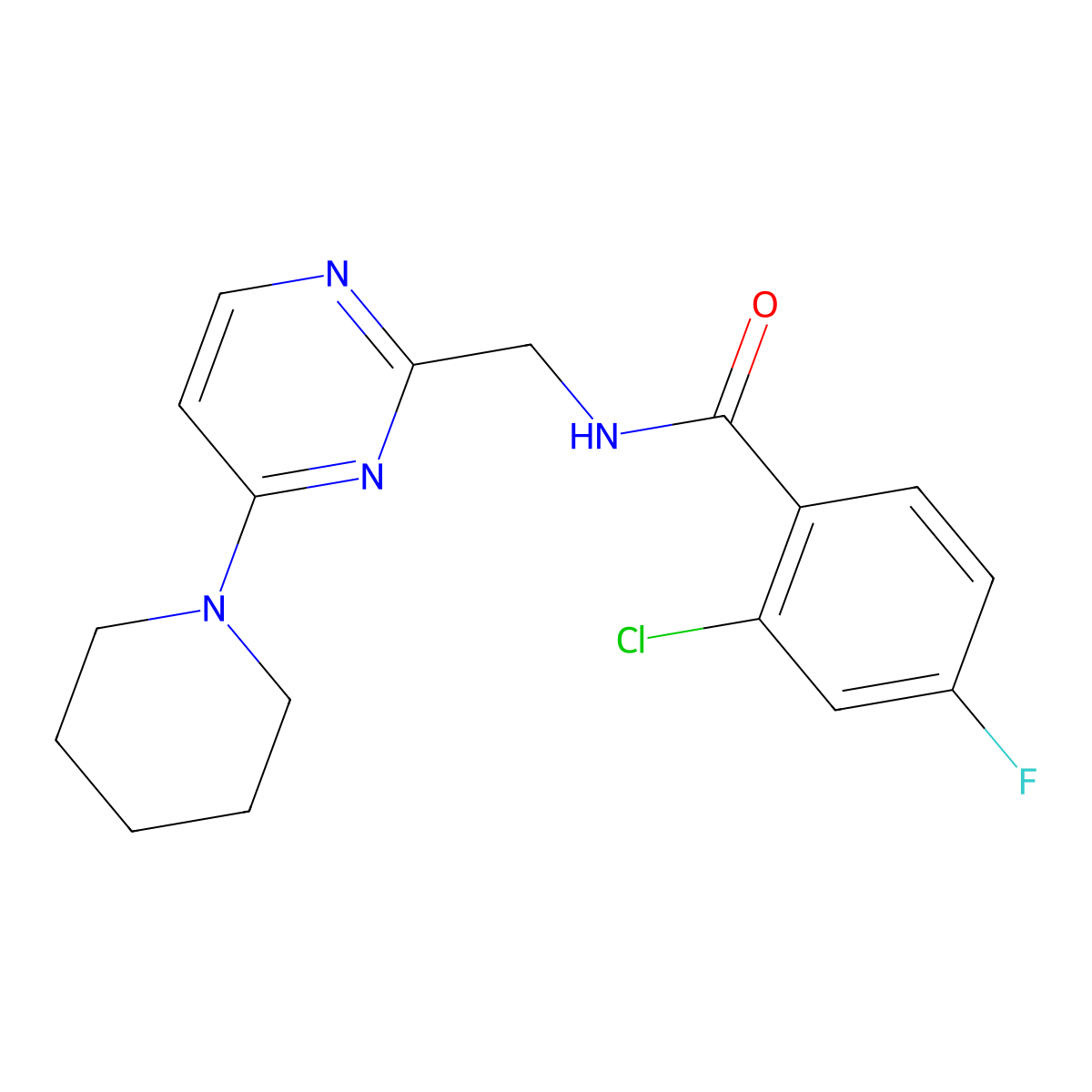 2-chloro-4-fluoro-N-{[4-(piperidin-1-yl)pyrimidin-2-yl]methyl}benzamide molecular structure, CAS 1797619-01-2
