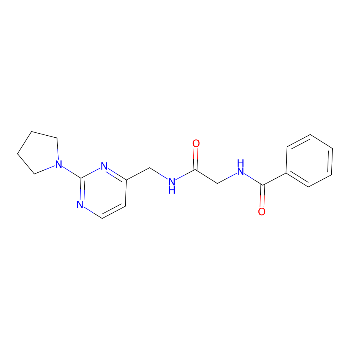 N-(2-oxo-2-(((2-(pyrrolidin-1-yl)pyrimidin-4-yl)methyl)amino)ethyl)benzamide molecular structure, CAS 1797619-85-2