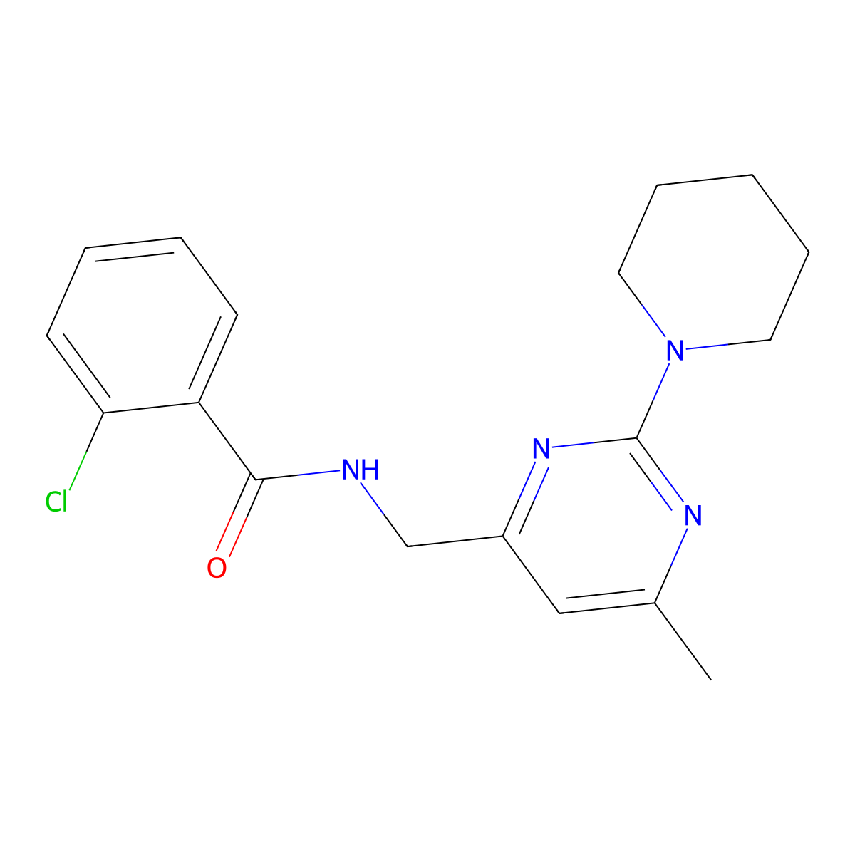 2-chloro-N-{[6-methyl-2-(piperidin-1-yl)pyrimidin-4-yl]methyl}benzamide molecular structure, CAS 1797619-91-0