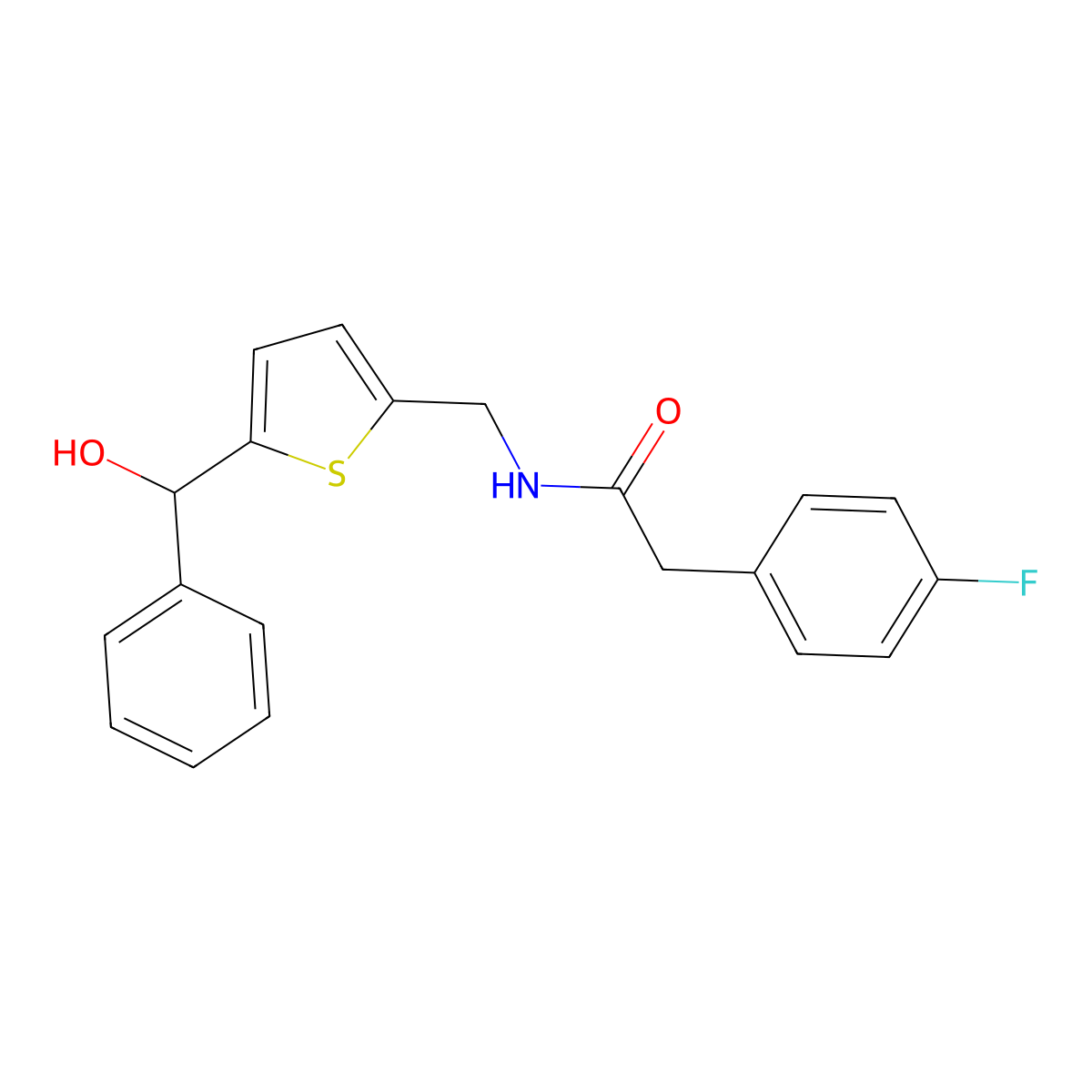 2-(4-fluorophenyl)-N-((5-(hydroxy(phenyl)methyl)thiophen-2-yl)methyl)acetamide molecular structure, CAS 1797621-07-8