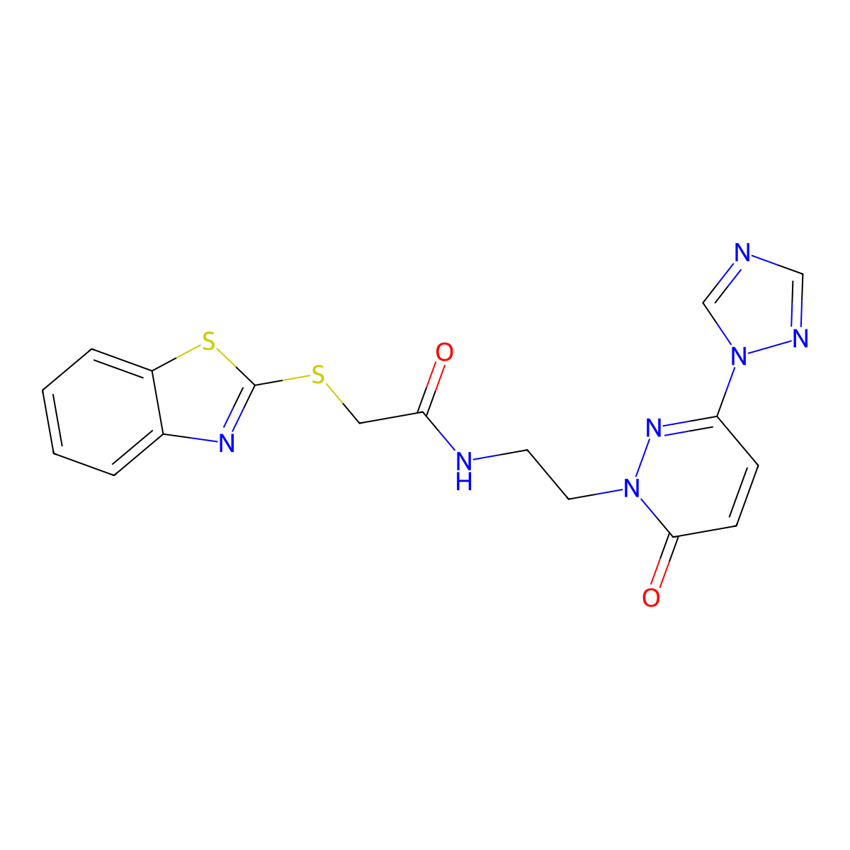 2-(benzo[d]thiazol-2-ylthio)-N-(2-(6-oxo-3-(1H-1,2,4-triazol-1-yl)pyridazin-1(6H)-yl)ethyl)acetamide molecular structure, CAS 1797621-61-4