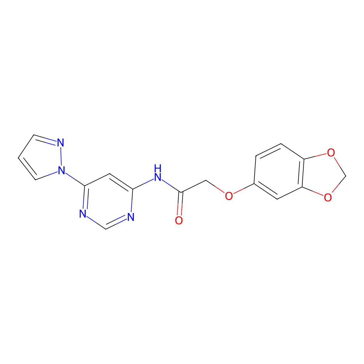 N-(6-(1H-pyrazol-1-yl)pyrimidin-4-yl)-2-(benzo[d][1,3]dioxol-5-yloxy)acetamide molecular structure, CAS 1797621-93-2