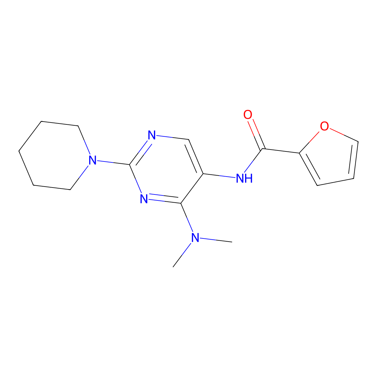 N-(4-(dimethylamino)-2-(piperidin-1-yl)pyrimidin-5-yl)furan-2-carboxamide molecular structure, CAS 1797622-52-6