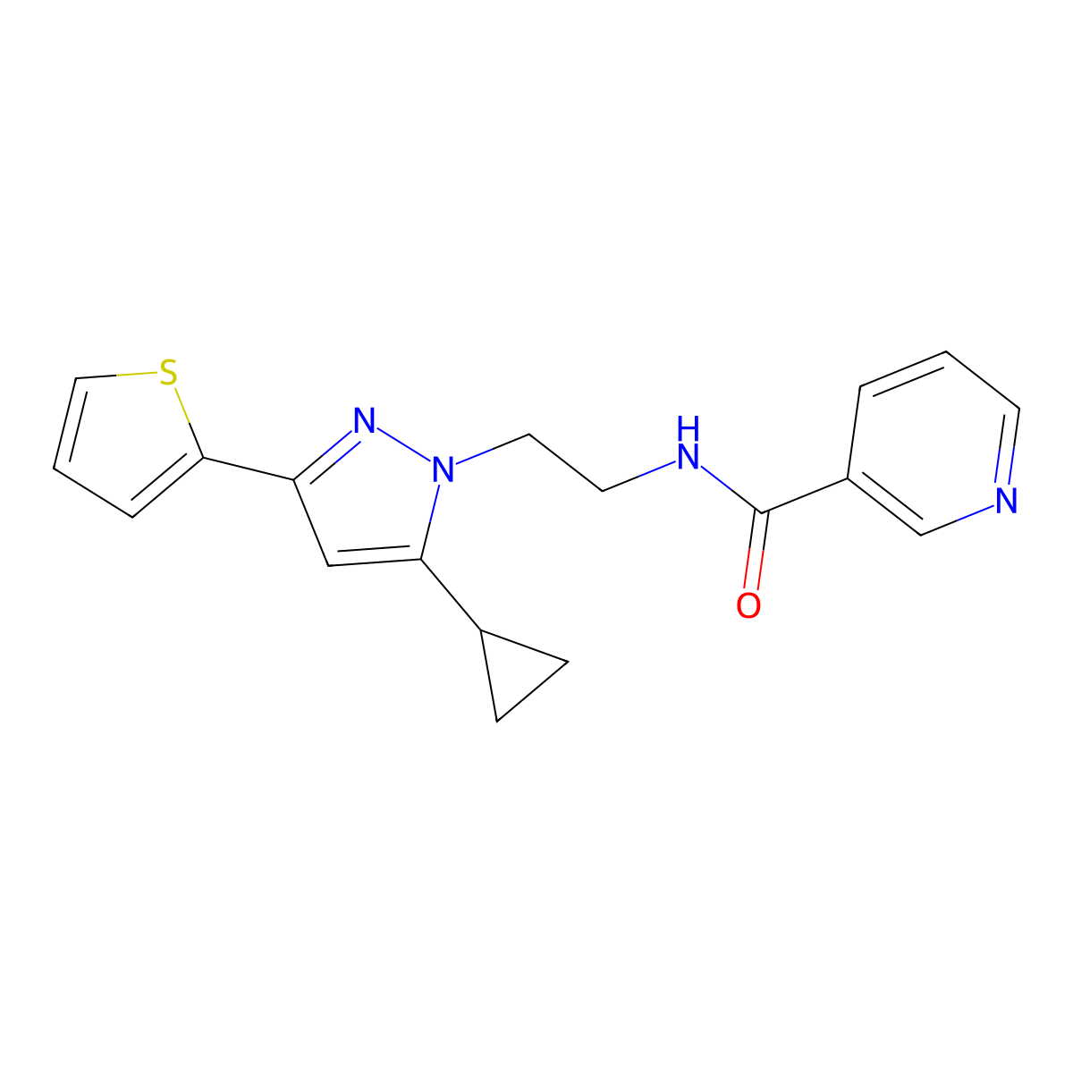 N-(2-(5-cyclopropyl-3-(thiophen-2-yl)-1H-pyrazol-1-yl)ethyl)nicotinamide molecular structure, CAS 1797624-44-2