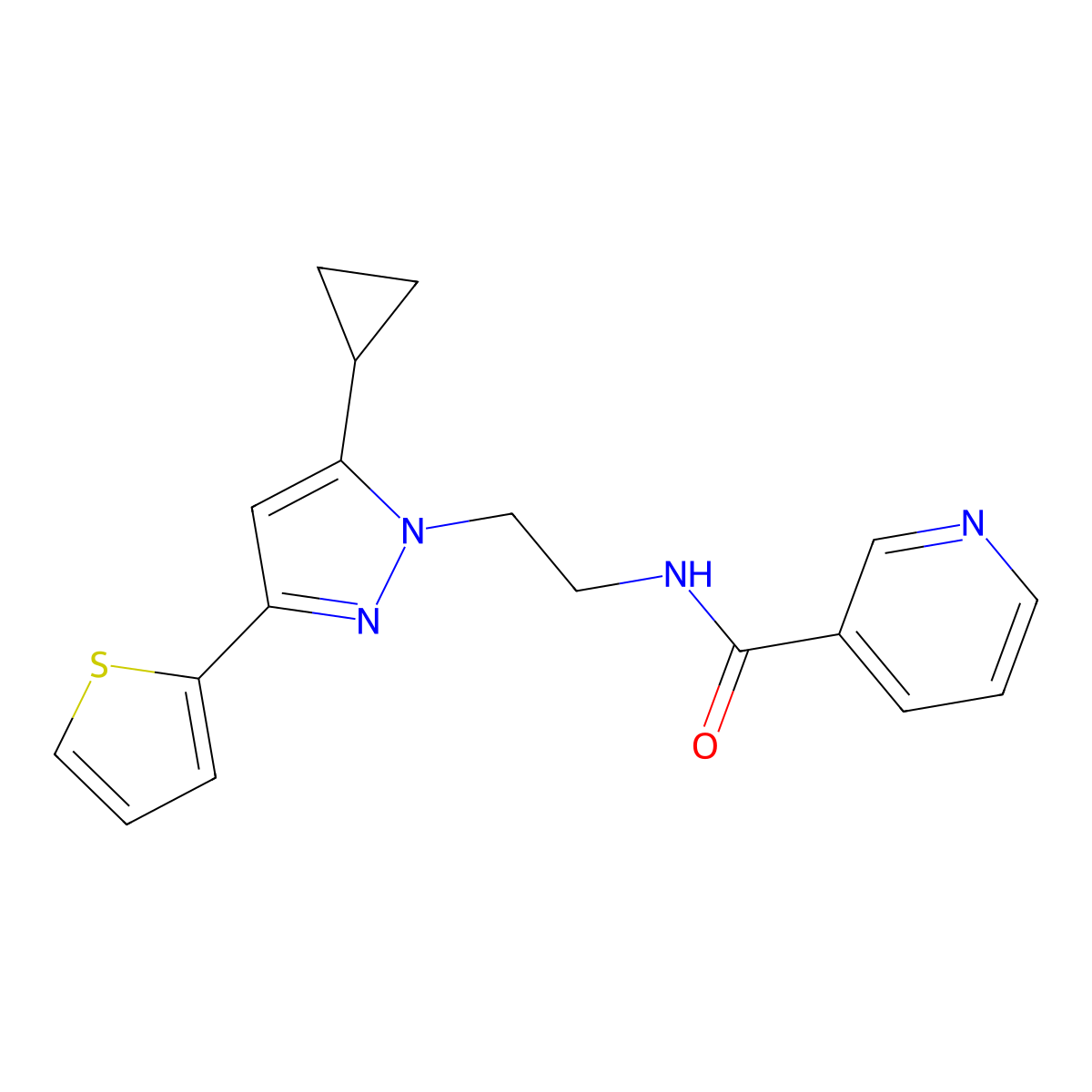 N-(2-(5-cyclopropyl-3-(thiophen-2-yl)-1H-pyrazol-1-yl)ethyl)nicotinamide molecular structure, CAS 1797624-44-2