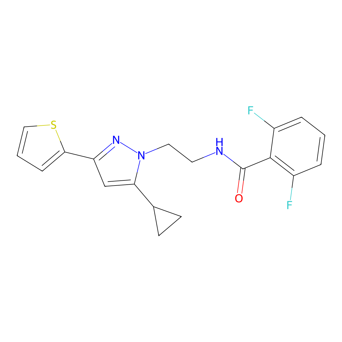 N-{2-[5-cyclopropyl-3-(thiophen-2-yl)-1H-pyrazol-1-yl]ethyl}-2,6-difluorobenzamide molecular structure, CAS 1797624-50-0