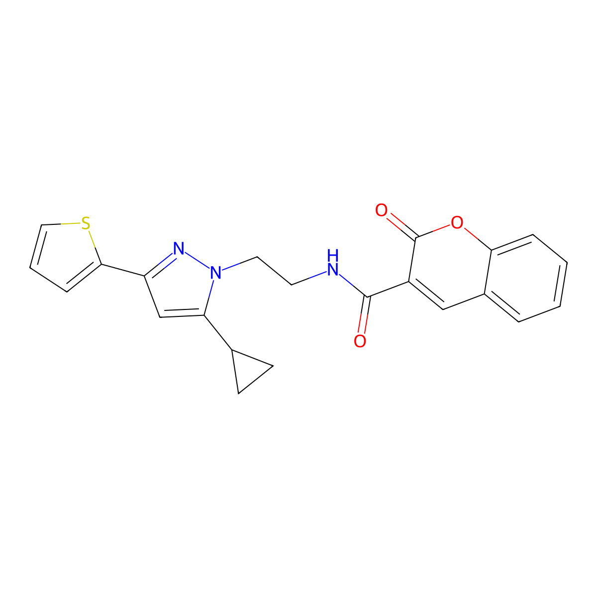 N-(2-(5-cyclopropyl-3-(thiophen-2-yl)-1H-pyrazol-1-yl)ethyl)-2-oxo-2H-chromene-3-carboxamide molecular structure, CAS 1797624-57-7