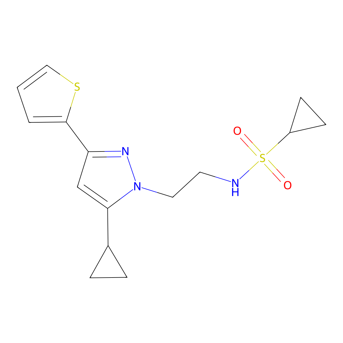N-{2-[5-cyclopropyl-3-(thiophen-2-yl)-1H-pyrazol-1-yl]ethyl}cyclopropanesulfonamide molecular structure, CAS 1797624-59-9