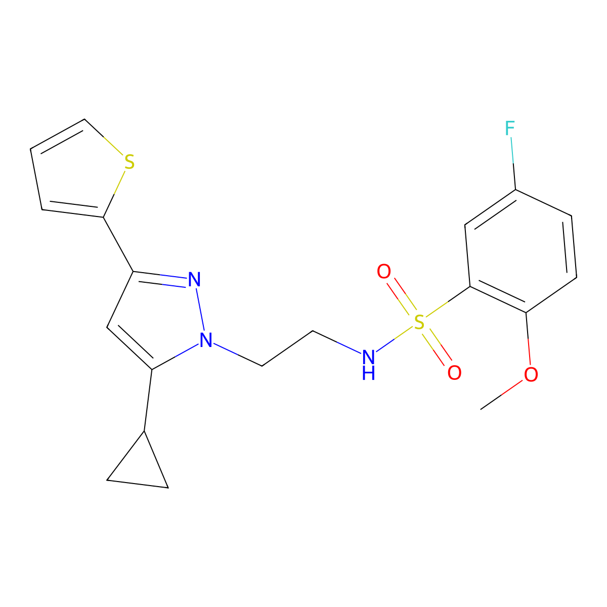 N-(2-(5-cyclopropyl-3-(thiophen-2-yl)-1H-pyrazol-1-yl)ethyl)-5-fluoro-2-methoxybenzenesulfonamide molecular structure, CAS 1797624-60-2