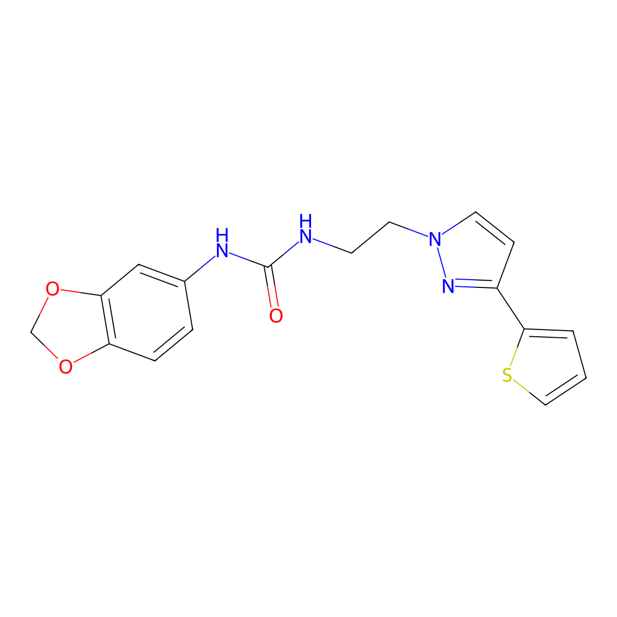 1-(benzo[d][1,3]dioxol-5-yl)-3-(2-(3-(thiophen-2-yl)-1H-pyrazol-1-yl)ethyl)urea molecular structure, CAS 1797627-80-5