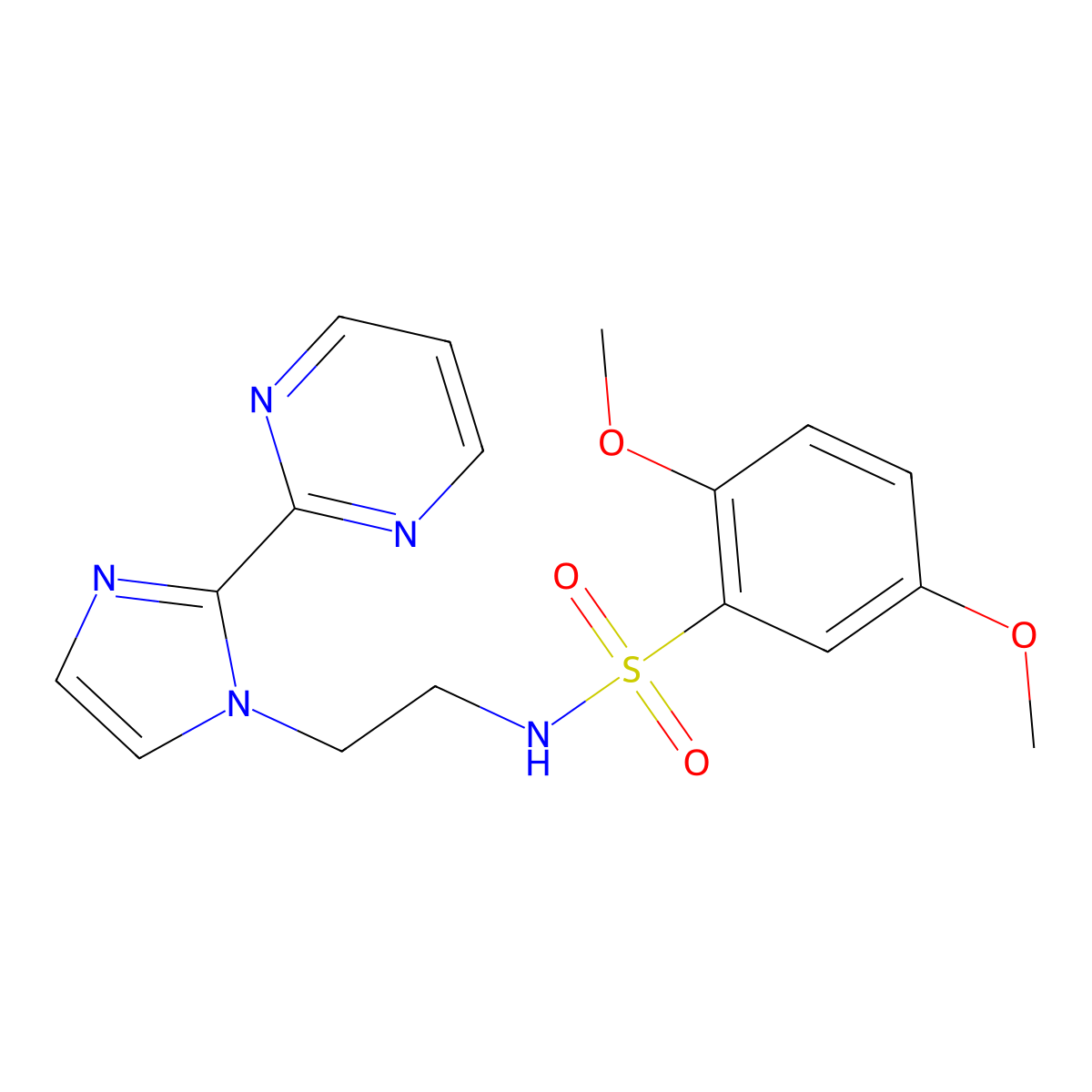 2,5-dimethoxy-N-(2-(2-(pyrimidin-2-yl)-1H-imidazol-1-yl)ethyl)benzenesulfonamide molecular structure, CAS 1797628-39-7