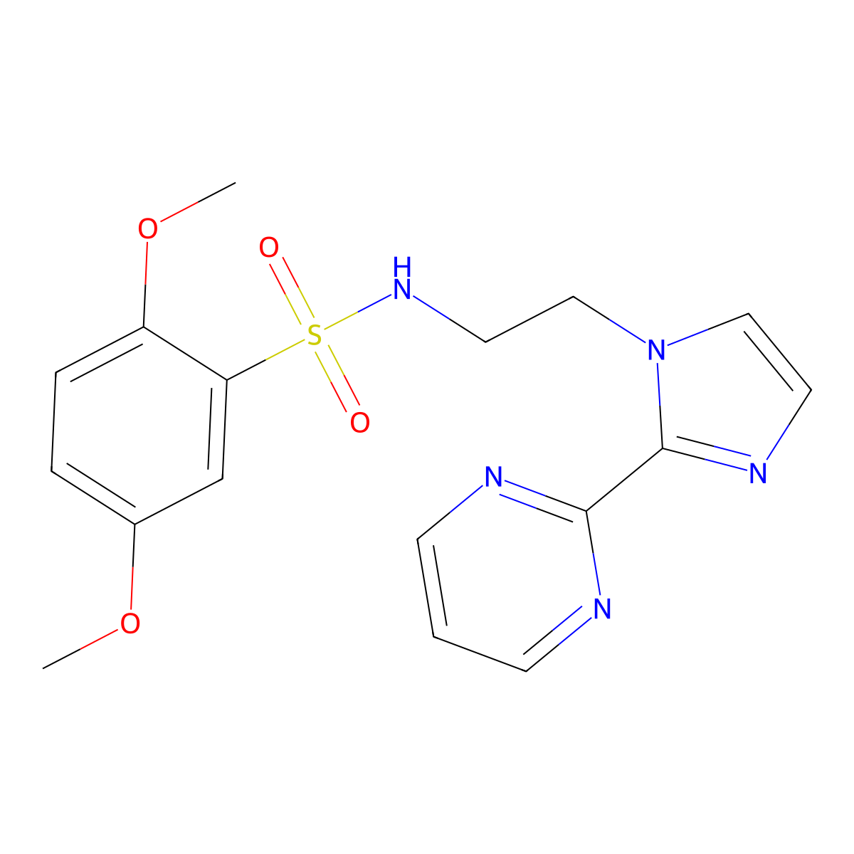 2,5-dimethoxy-N-(2-(2-(pyrimidin-2-yl)-1H-imidazol-1-yl)ethyl)benzenesulfonamide molecular structure, CAS 1797628-39-7