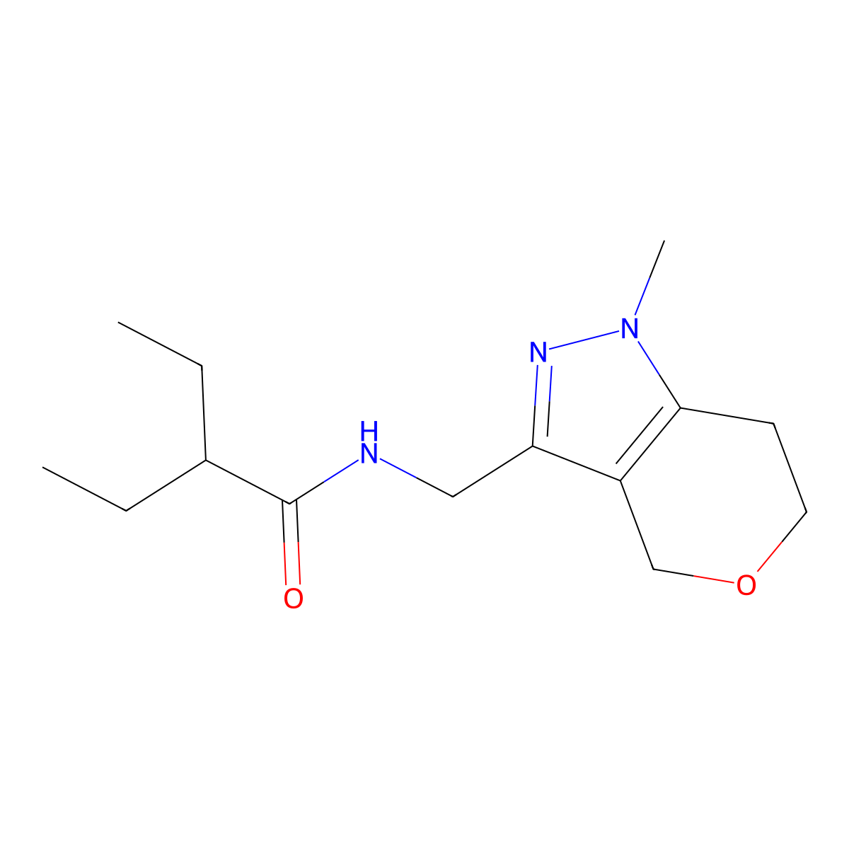 2-ethyl-N-((1-methyl-1,4,6,7-tetrahydropyrano[4,3-c]pyrazol-3-yl)methyl)butanamide molecular structure, CAS 1797628-91-1