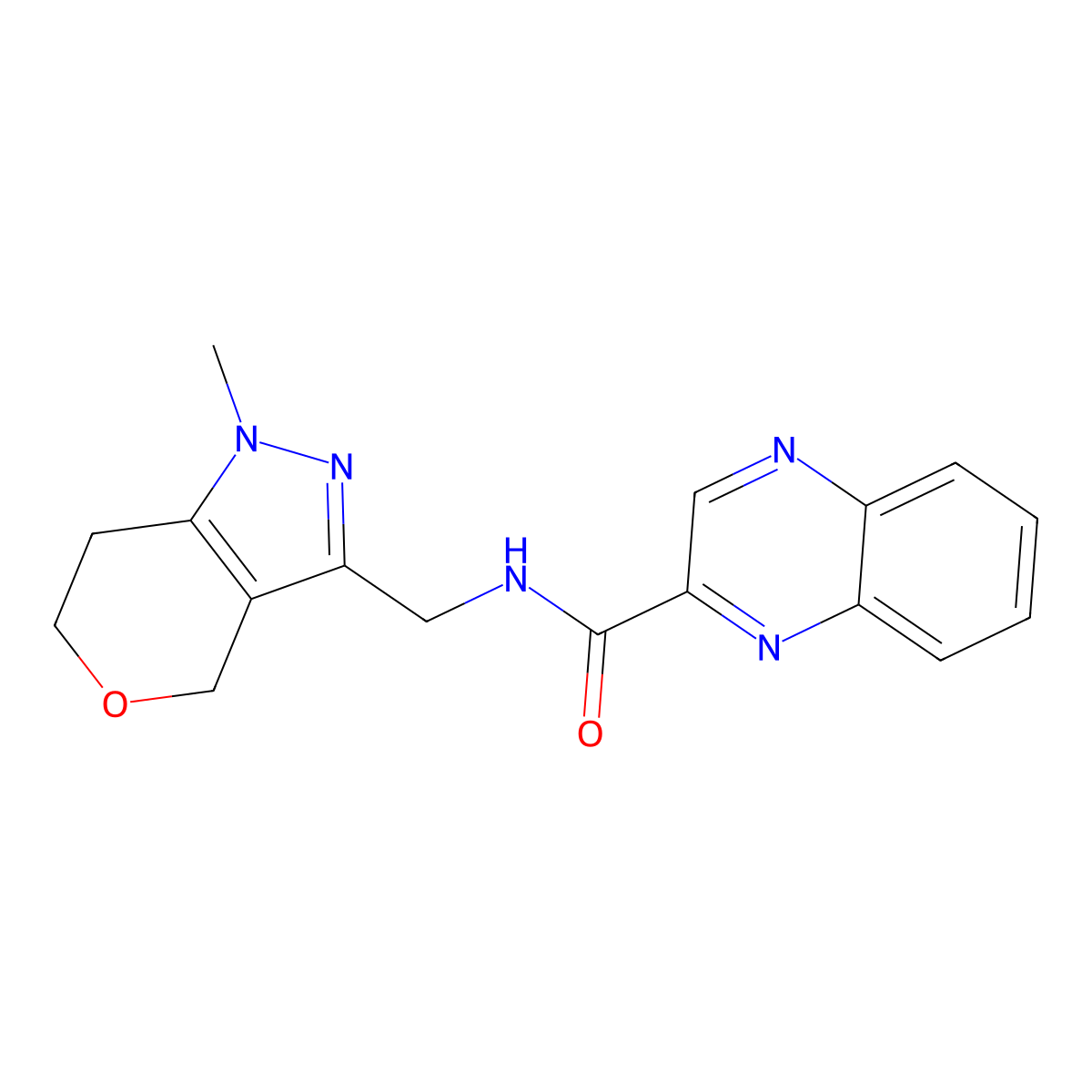 N-((1-methyl-1,4,6,7-tetrahydropyrano[4,3-c]pyrazol-3-yl)methyl)quinoxaline-2-carboxamide molecular structure, CAS 1797628-97-7