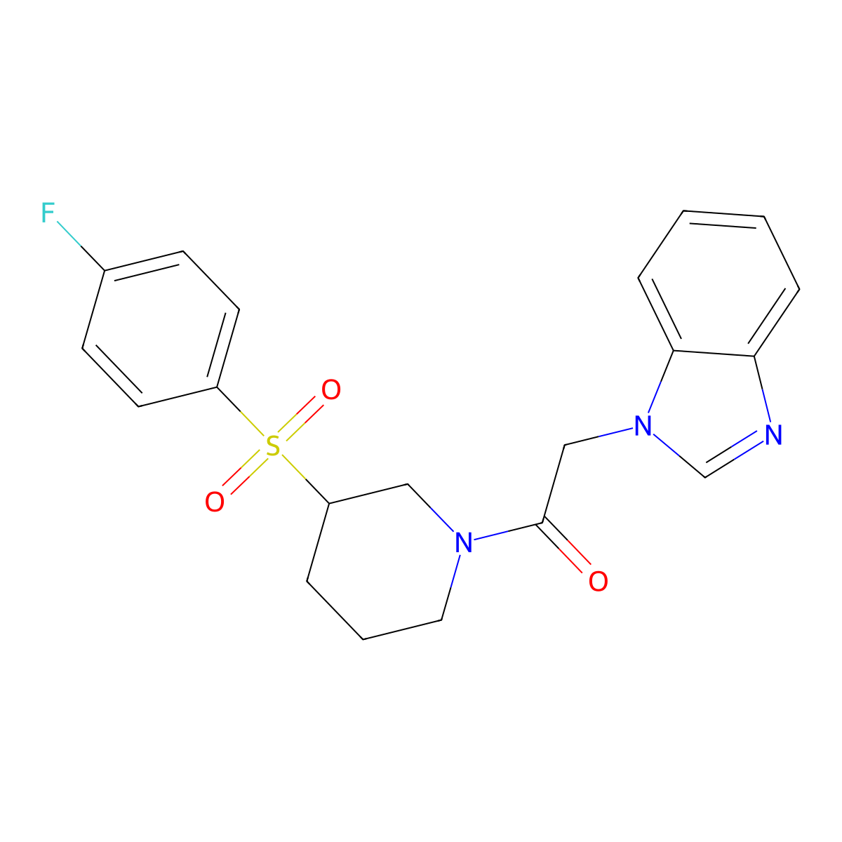 2-(1H-benzo[d]imidazol-1-yl)-1-(3-((4-fluorophenyl)sulfonyl)piperidin-1-yl)ethanone molecular structure, CAS 1797629-34-5
