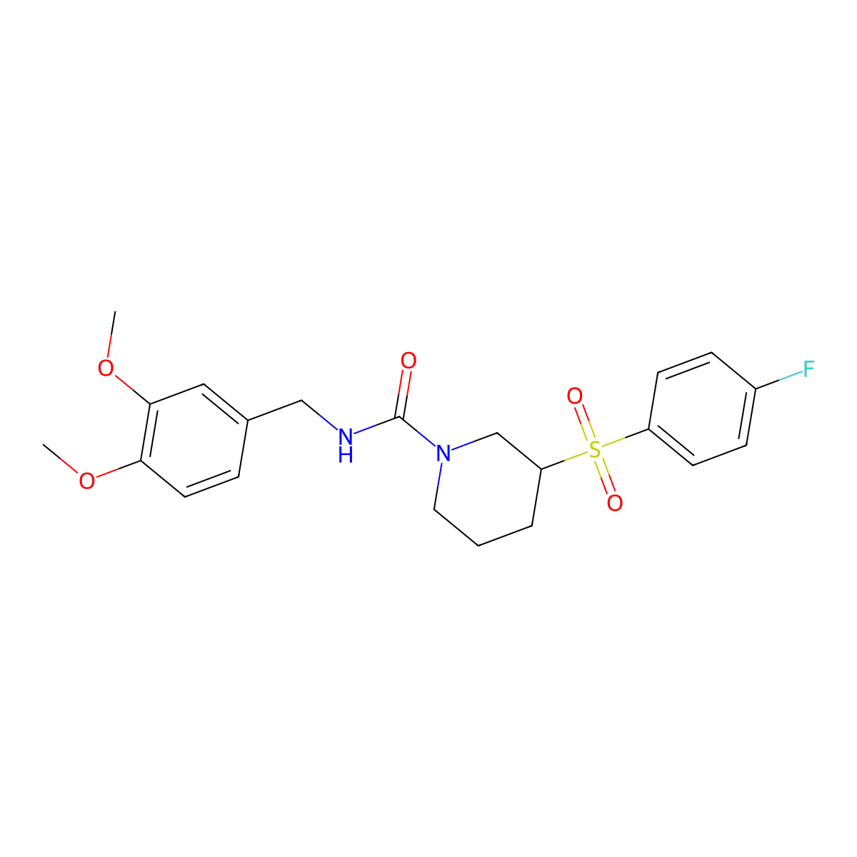 N-(3,4-dimethoxybenzyl)-3-((4-fluorophenyl)sulfonyl)piperidine-1-carboxamide molecular structure, CAS 1797629-54-9