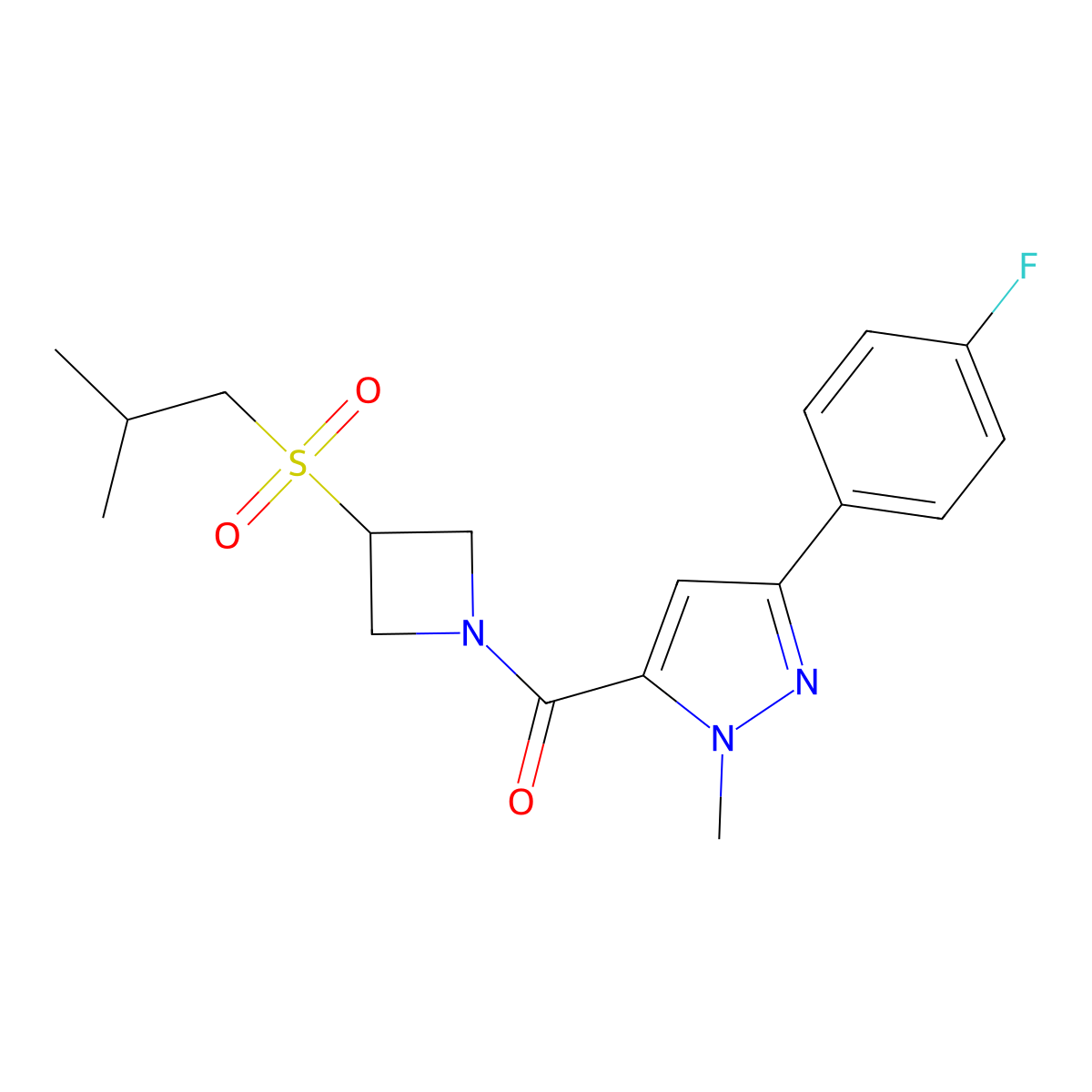 (3-(4-fluorophenyl)-1-methyl-1H-pyrazol-5-yl)(3-(isobutylsulfonyl)azetidin-1-yl)methanone molecular structure, CAS 1797632-46-2