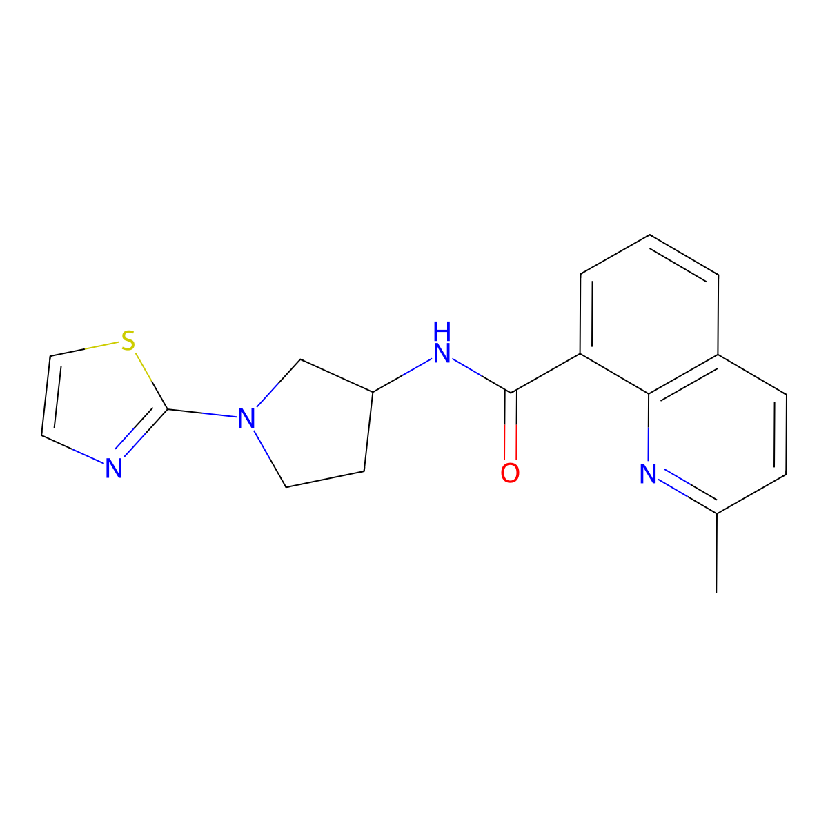 2-methyl-N-(1-(thiazol-2-yl)pyrrolidin-3-yl)quinoline-8-carboxamide molecular structure, CAS 1797636-25-9