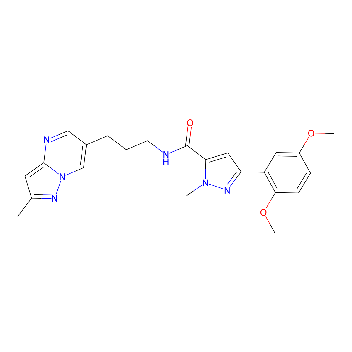 3-(2,5-dimethoxyphenyl)-1-methyl-N-(3-{2-methylpyrazolo[1,5-a]pyrimidin-6-yl}propyl)-1H-pyrazole-5-carboxamide molecular structure, CAS 1797636-45-3