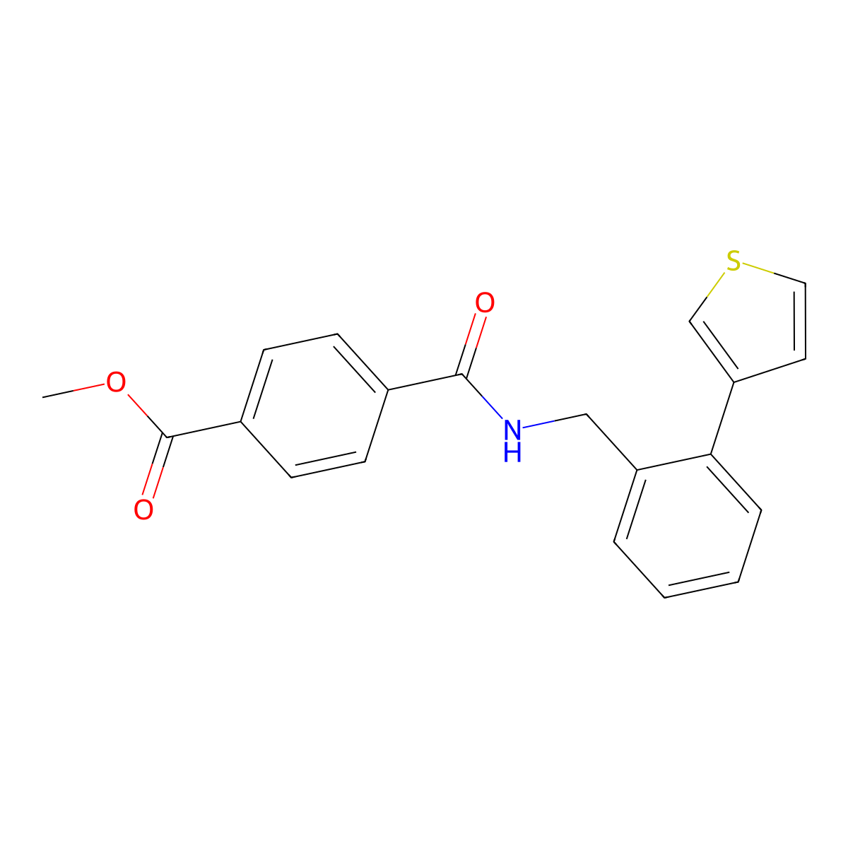Methyl 4-((2-(thiophen-3-yl)benzyl)carbamoyl)benzoate molecular structure, CAS 1797637-61-6