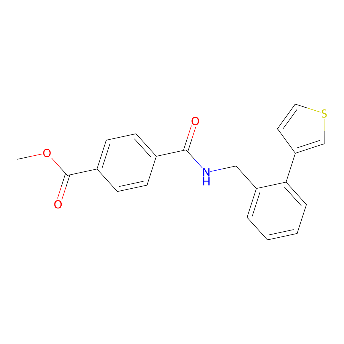 Methyl 4-((2-(thiophen-3-yl)benzyl)carbamoyl)benzoate molecular structure, CAS 1797637-61-6