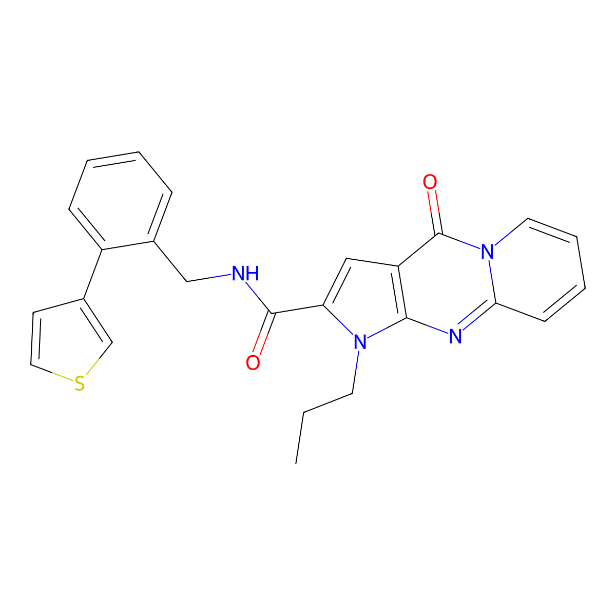 2-oxo-6-propyl-N-{[2-(thiophen-3-yl)phenyl]methyl}-1,6,8-triazatricyclo[7.4.0.0^{3,7}]trideca-3(7),4,8,10,12-pentaene-5-carboxamide molecular structure, CAS 1797637-89-8