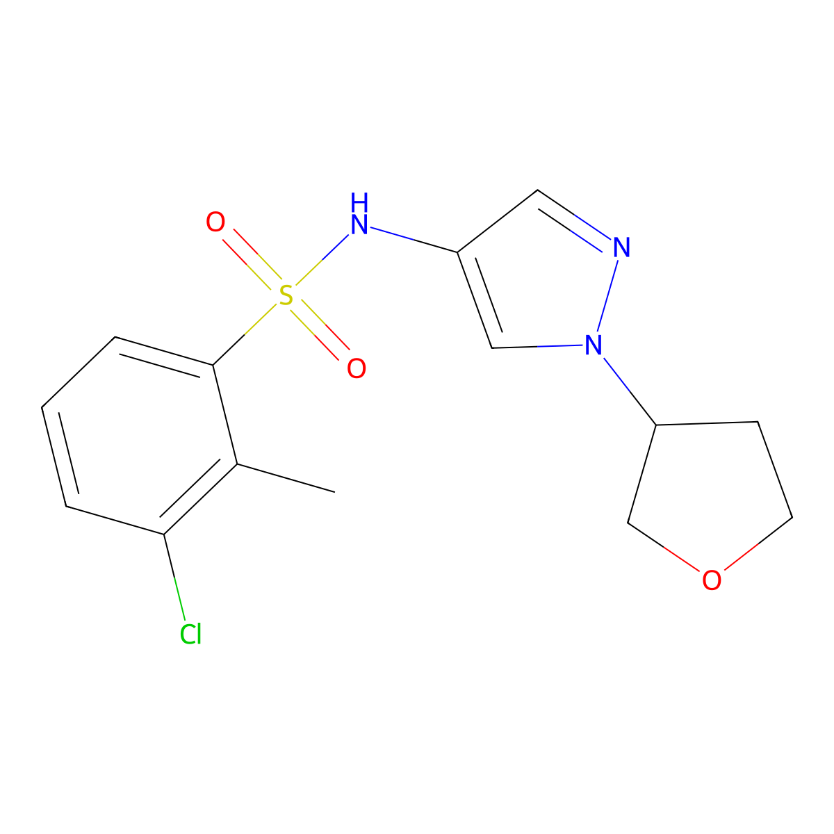 3-chloro-2-methyl-N-(1-(tetrahydrofuran-3-yl)-1H-pyrazol-4-yl)benzenesulfonamide molecular structure, CAS 1797638-58-4