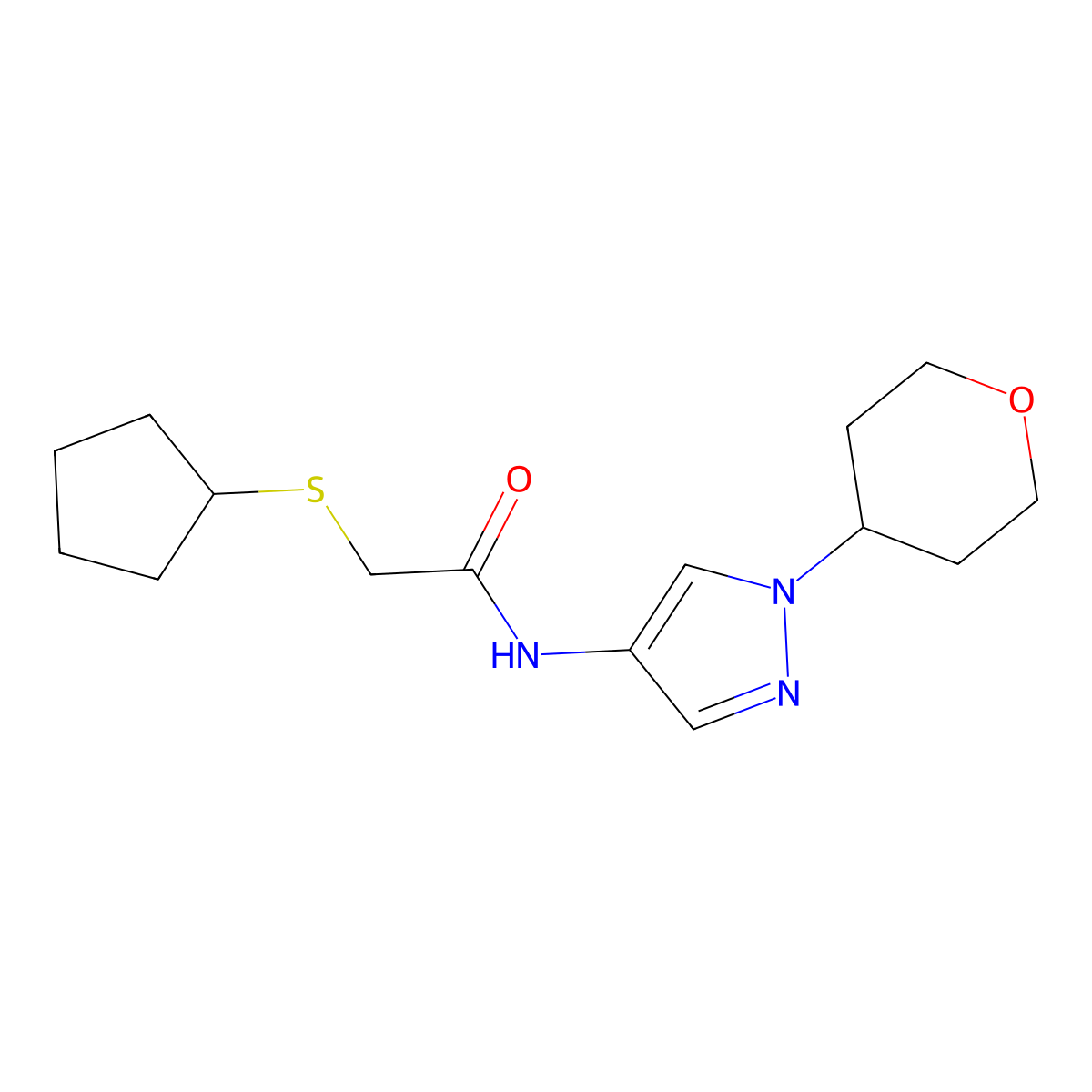 2-(cyclopentylthio)-N-(1-(tetrahydro-2H-pyran-4-yl)-1H-pyrazol-4-yl)acetamide molecular structure, CAS 1797638-60-8