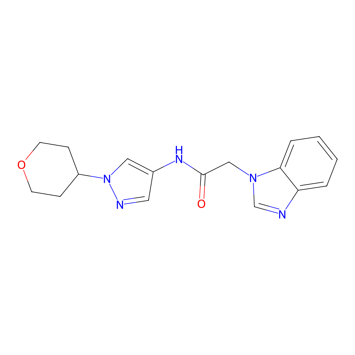 2-(1H-benzo[d]imidazol-1-yl)-N-(1-(tetrahydro-2H-pyran-4-yl)-1H-pyrazol-4-yl)acetamide molecular structure, CAS 1797638-66-4