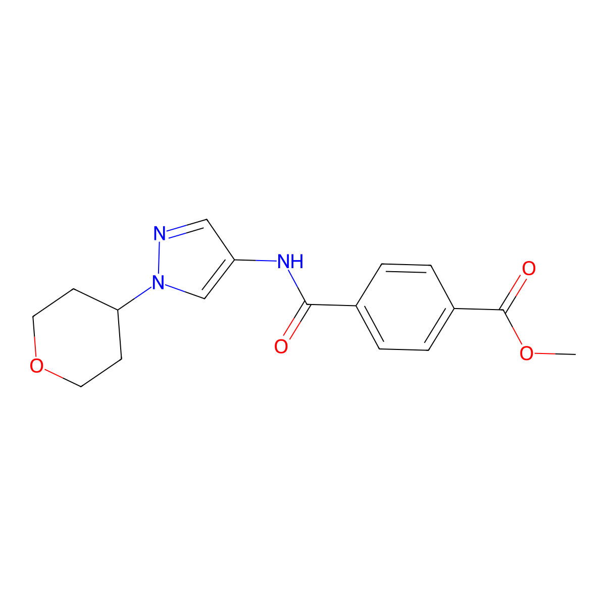 methyl 4-((1-(tetrahydro-2H-pyran-4-yl)-1H-pyrazol-4-yl)carbamoyl)benzoate molecular structure, CAS 1797638-74-4