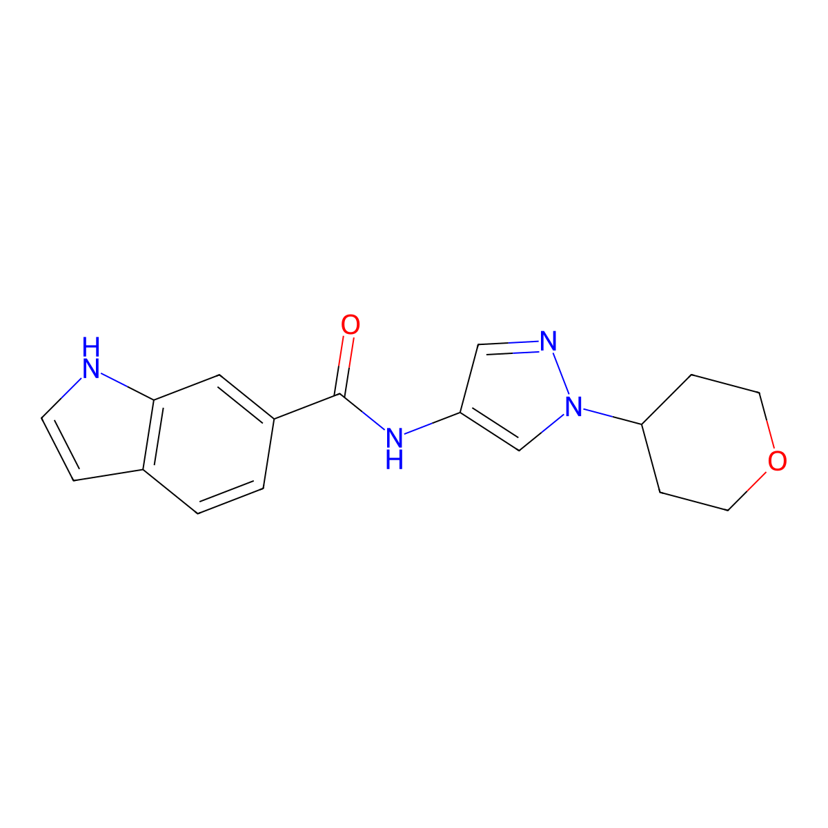 N-(1-(tetrahydro-2H-pyran-4-yl)-1H-pyrazol-4-yl)-1H-indole-6-carboxamide molecular structure, CAS 1797638-93-7
