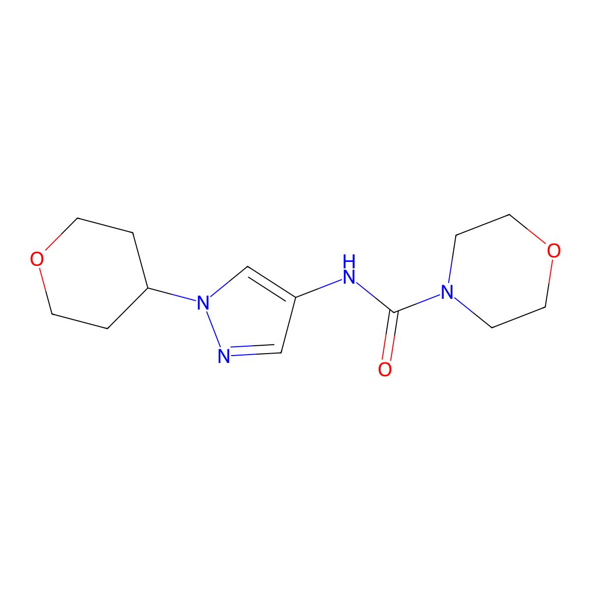 N-(1-(tetrahydro-2H-pyran-4-yl)-1H-pyrazol-4-yl)morpholine-4-carboxamide molecular structure, CAS 1797639-01-0