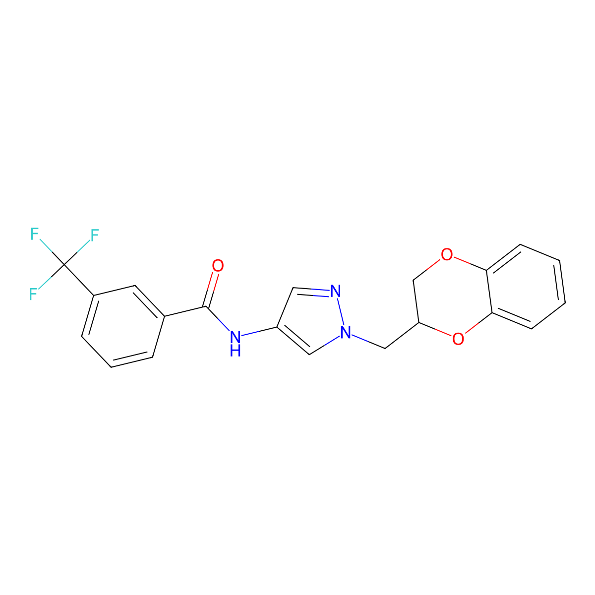 N-(1-((2,3-dihydrobenzo[b][1,4]dioxin-2-yl)methyl)-1H-pyrazol-4-yl)-3-(trifluoromethyl)benzamide molecular structure, CAS 1797639-11-2