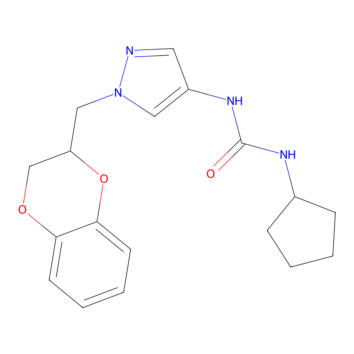 1-cyclopentyl-3-(1-((2,3-dihydrobenzo[b][1,4]dioxin-2-yl)methyl)-1H-pyrazol-4-yl)urea molecular structure, CAS 1797639-80-5