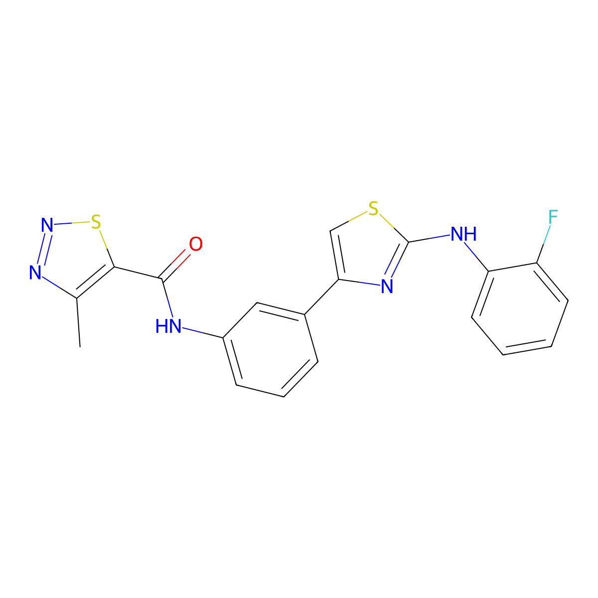 N-(3-(2-((2-fluorophenyl)amino)thiazol-4-yl)phenyl)-4-methyl-1,2,3-thiadiazole-5-carboxamide molecular structure, CAS 1797641-70-3