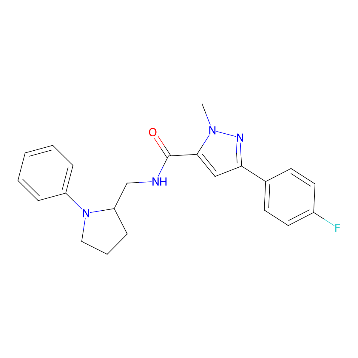 3-(4-fluorophenyl)-1-methyl-N-[(1-phenylpyrrolidin-2-yl)methyl]-1H-pyrazole-5-carboxamide molecular structure, CAS 1797642-98-8