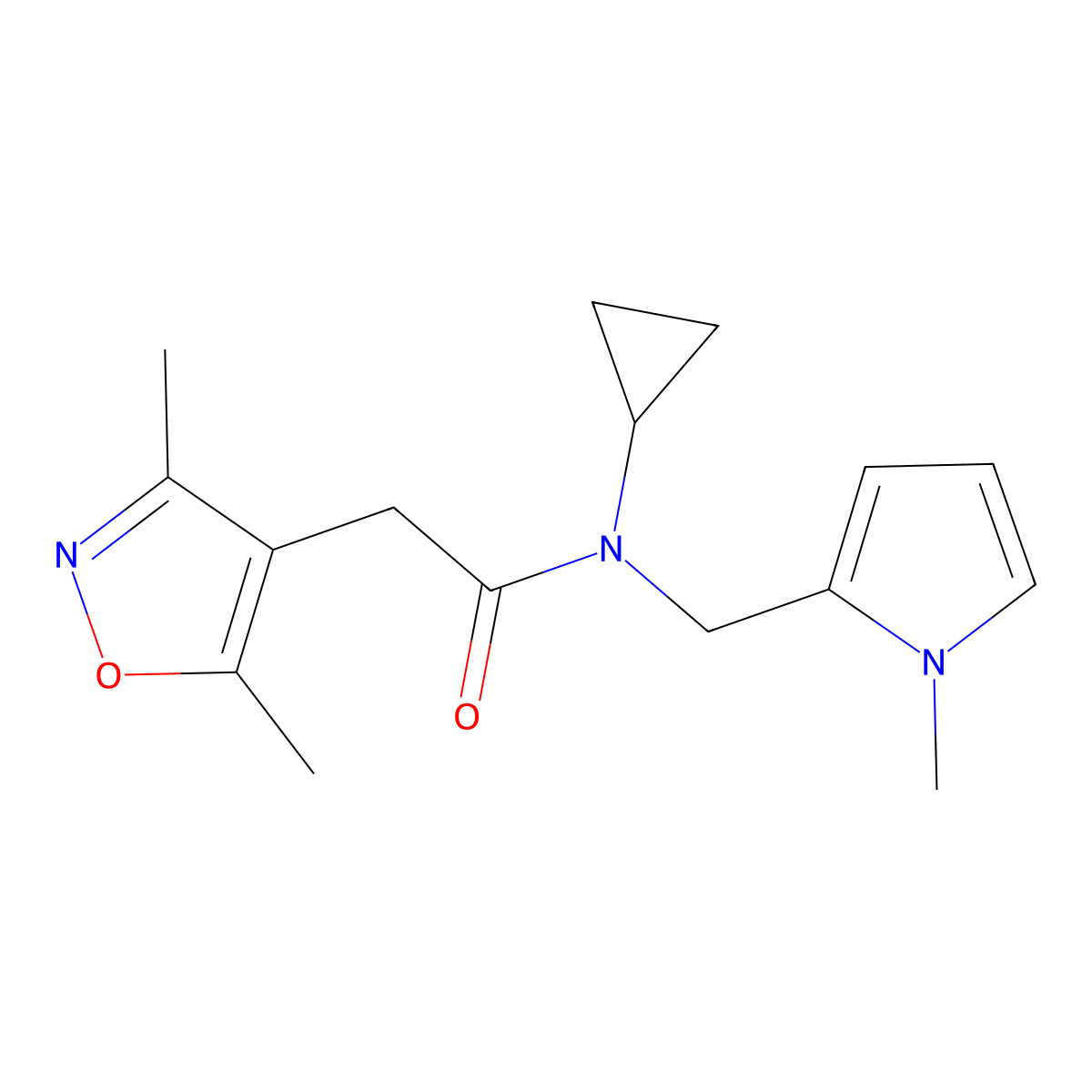 N-cyclopropyl-2-(3,5-dimethylisoxazol-4-yl)-N-((1-methyl-1H-pyrrol-2-yl)methyl)acetamide molecular structure, CAS 1797646-81-1