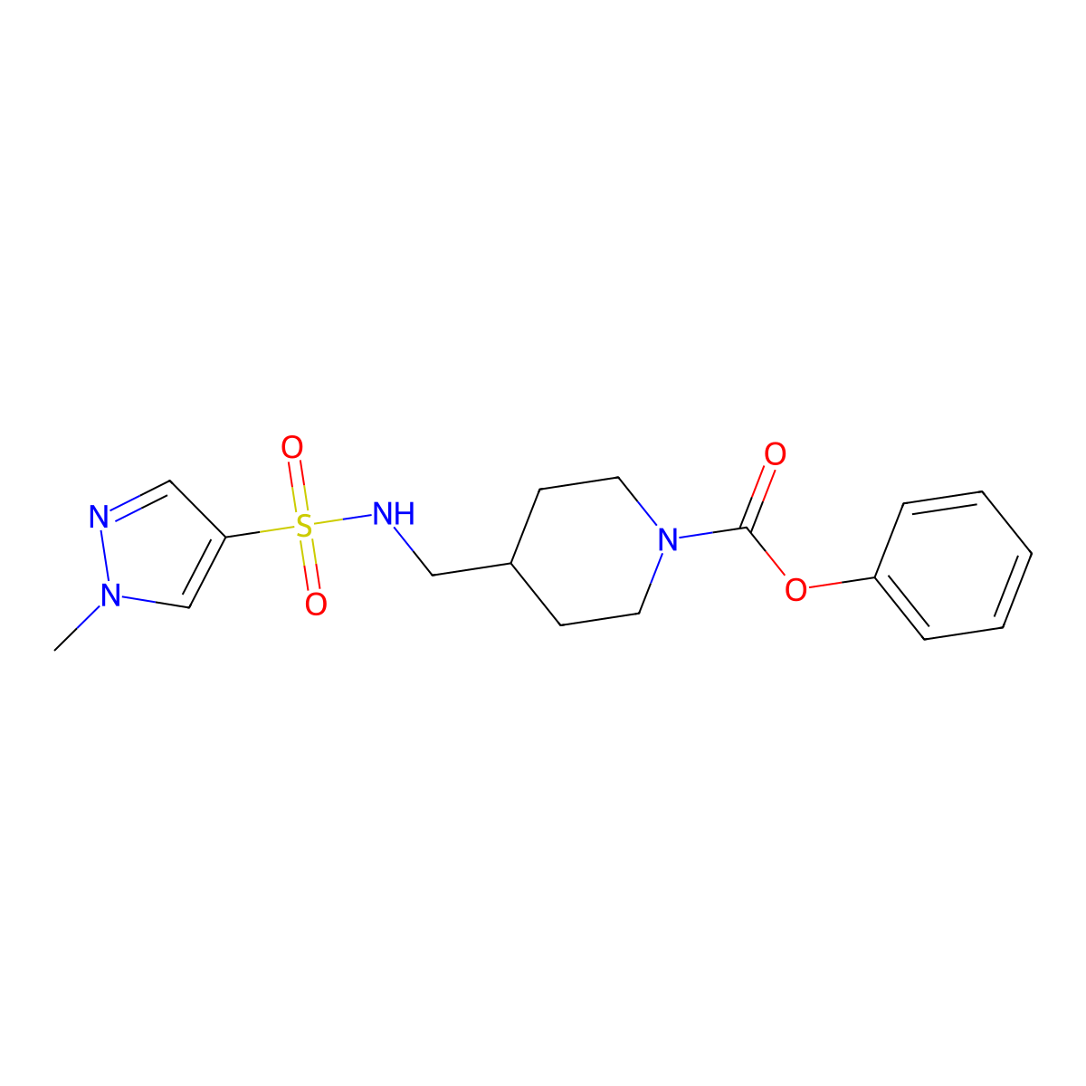 phenyl 4-[(1-methyl-1H-pyrazole-4-sulfonamido)methyl]piperidine-1-carboxylate molecular structure, CAS 1797647-77-8