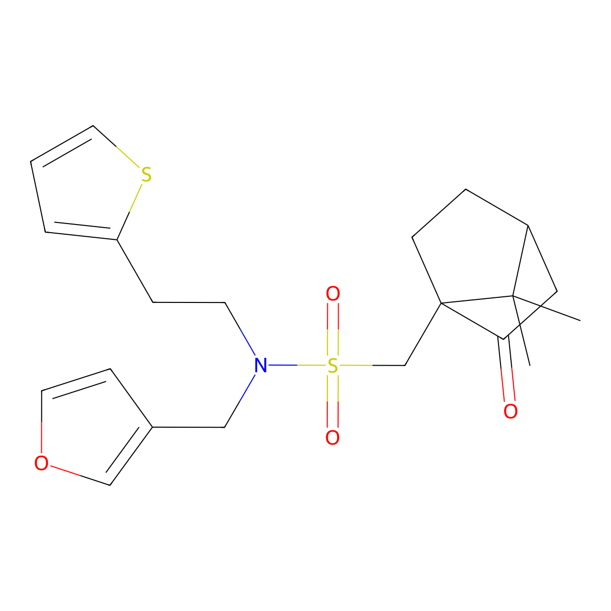 1-(7,7-Dimethyl-2-oxo-1-bicyclo[2.2.1]heptanyl)-N-(furan-3-ylmethyl)-N-(2-thiophen-2-ylethyl)methanesulfonamide molecular structure, CAS 1797650-17-9