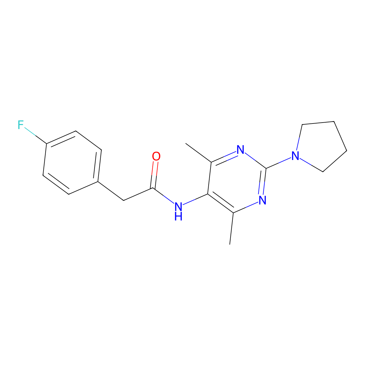 N-[4,6-Dimethyl-2-(pyrrolidin-1-YL)pyrimidin-5-YL]-2-(4-fluorophenyl)acetamide molecular structure, CAS 1797650-61-3