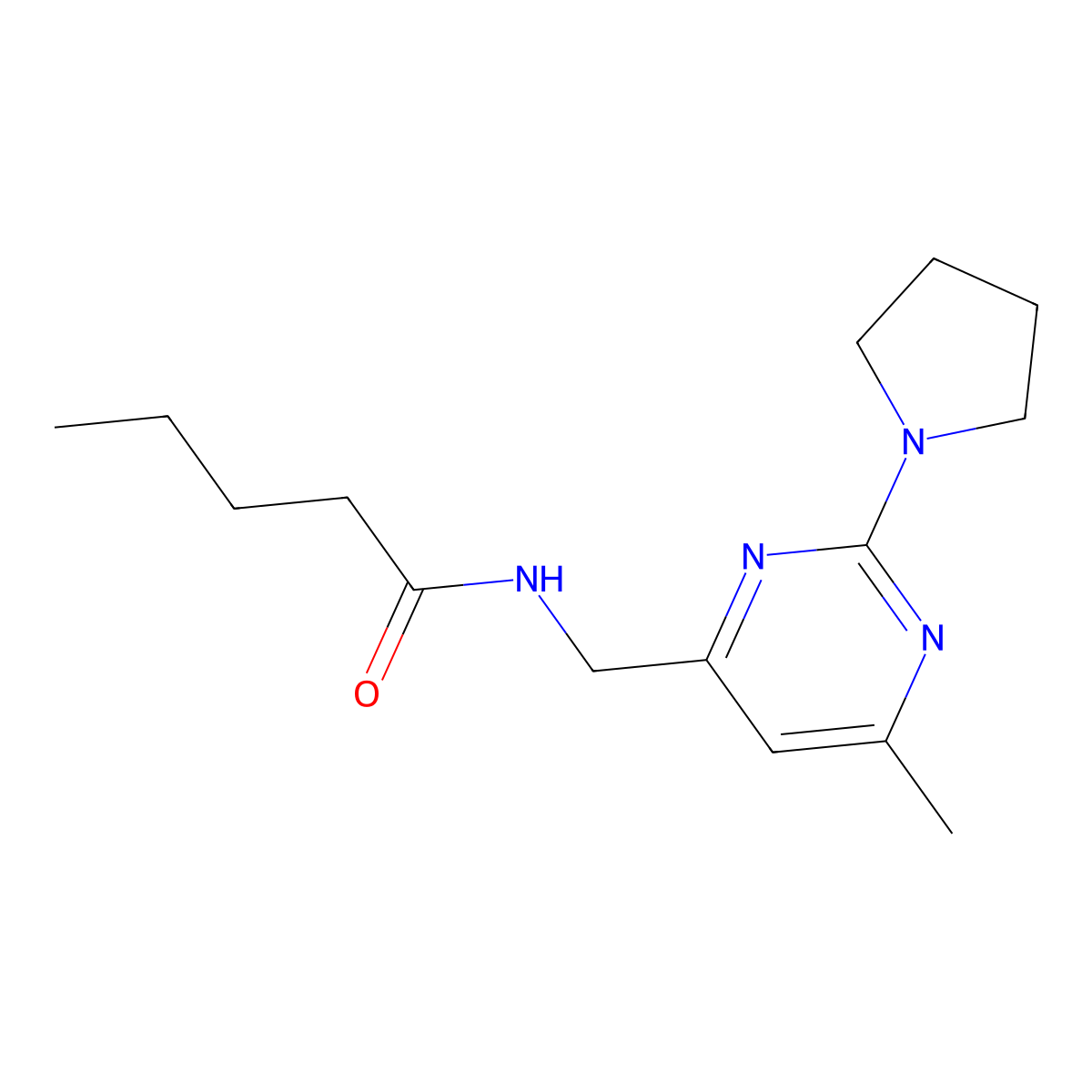 N-{[6-methyl-2-(pyrrolidin-1-yl)pyrimidin-4-yl]methyl}pentanamide molecular structure, CAS 1797656-37-1