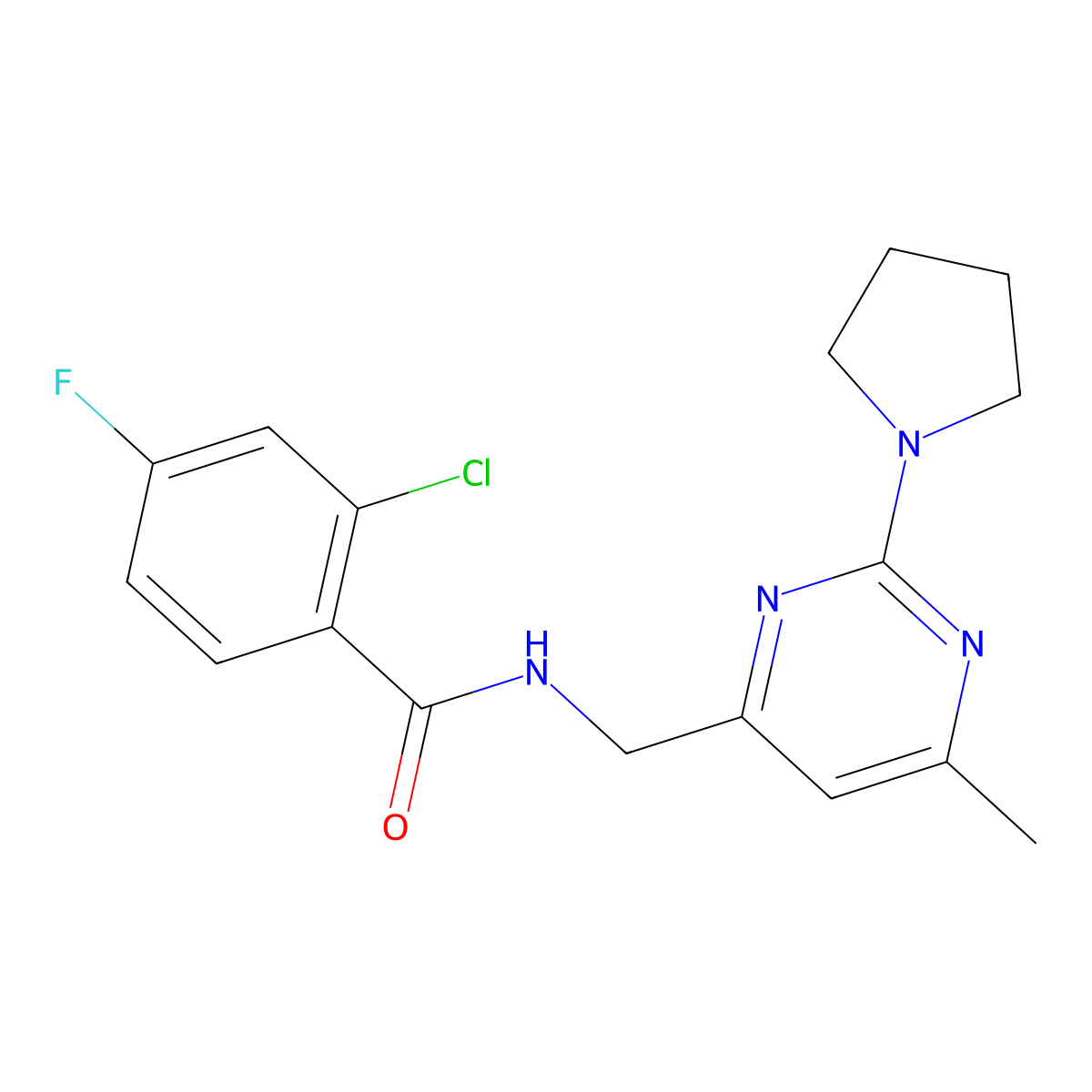 2-chloro-4-fluoro-N-{[6-methyl-2-(pyrrolidin-1-yl)pyrimidin-4-yl]methyl}benzamide molecular structure, CAS 1797656-45-1